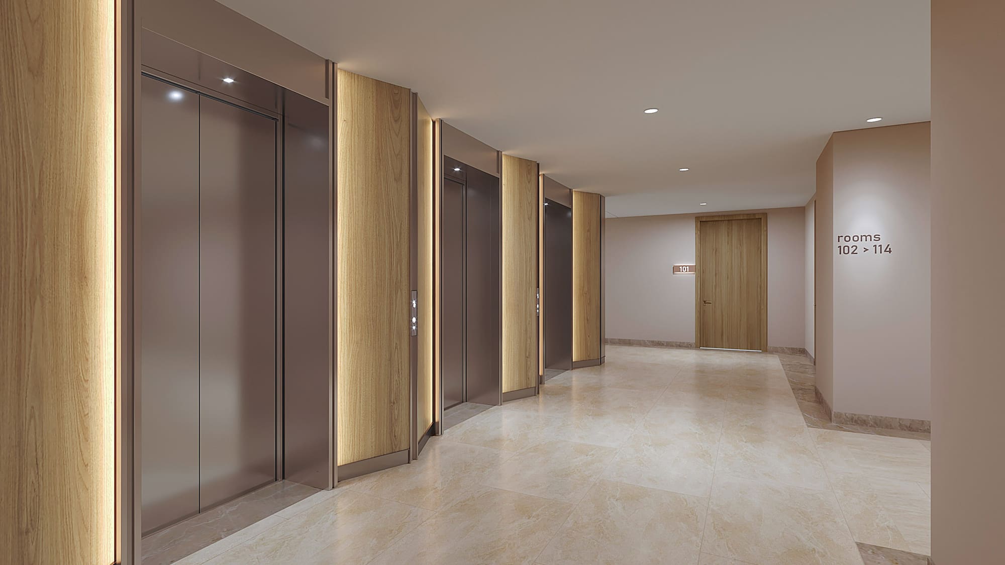 a hallway with elevators and doors