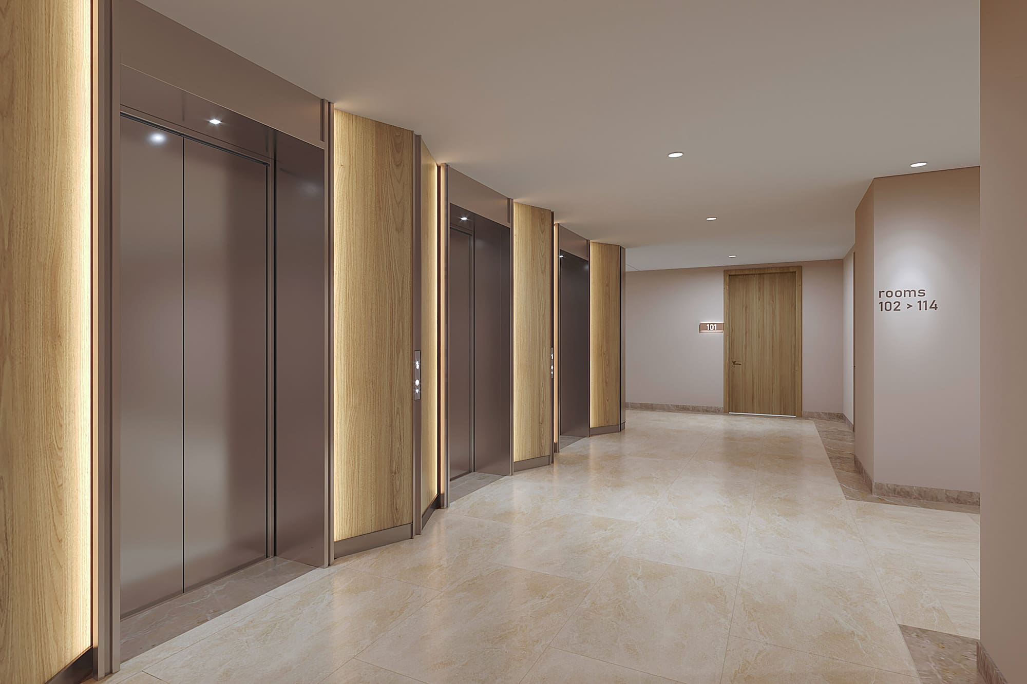 a hallway with elevators and doors