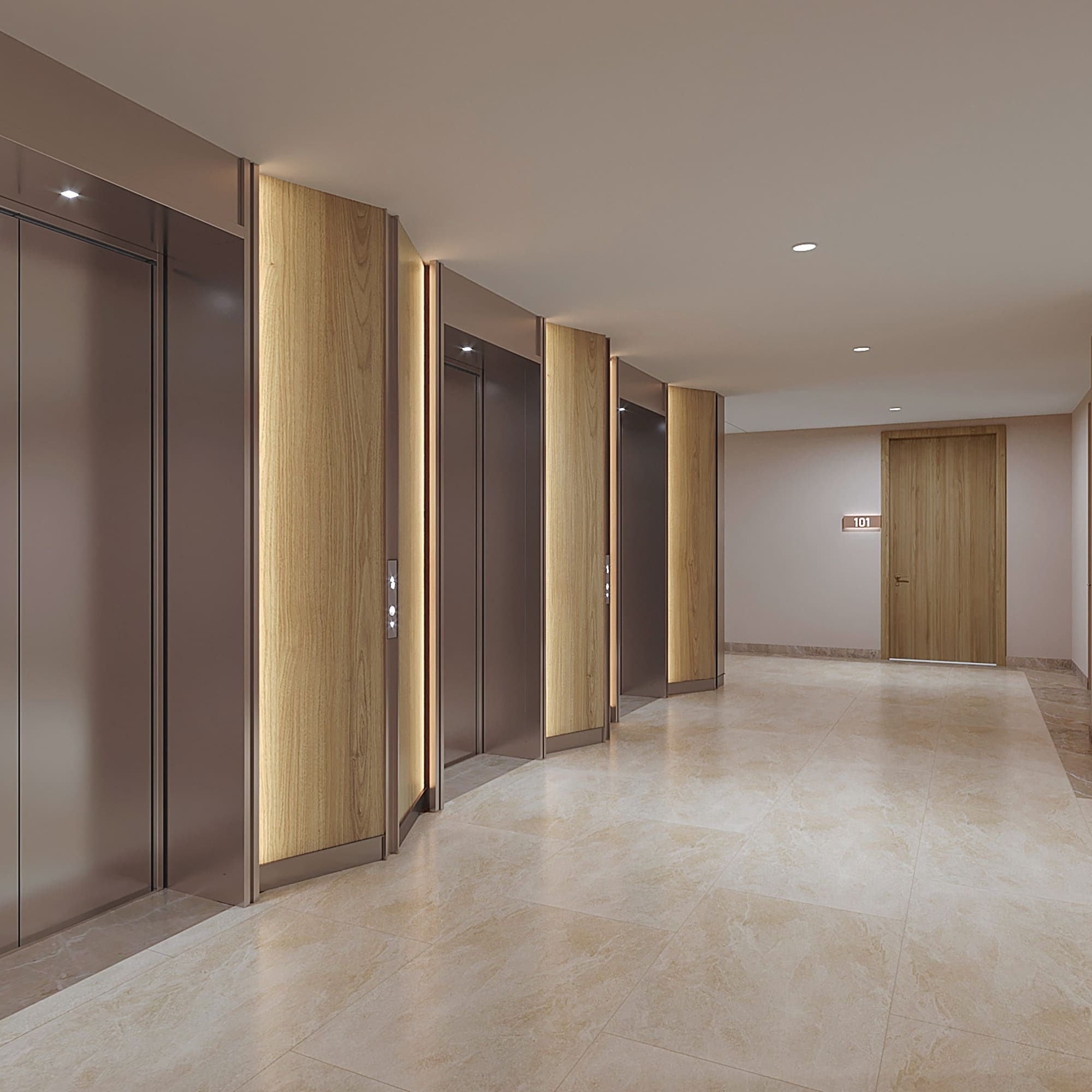 a hallway with elevators and doors
