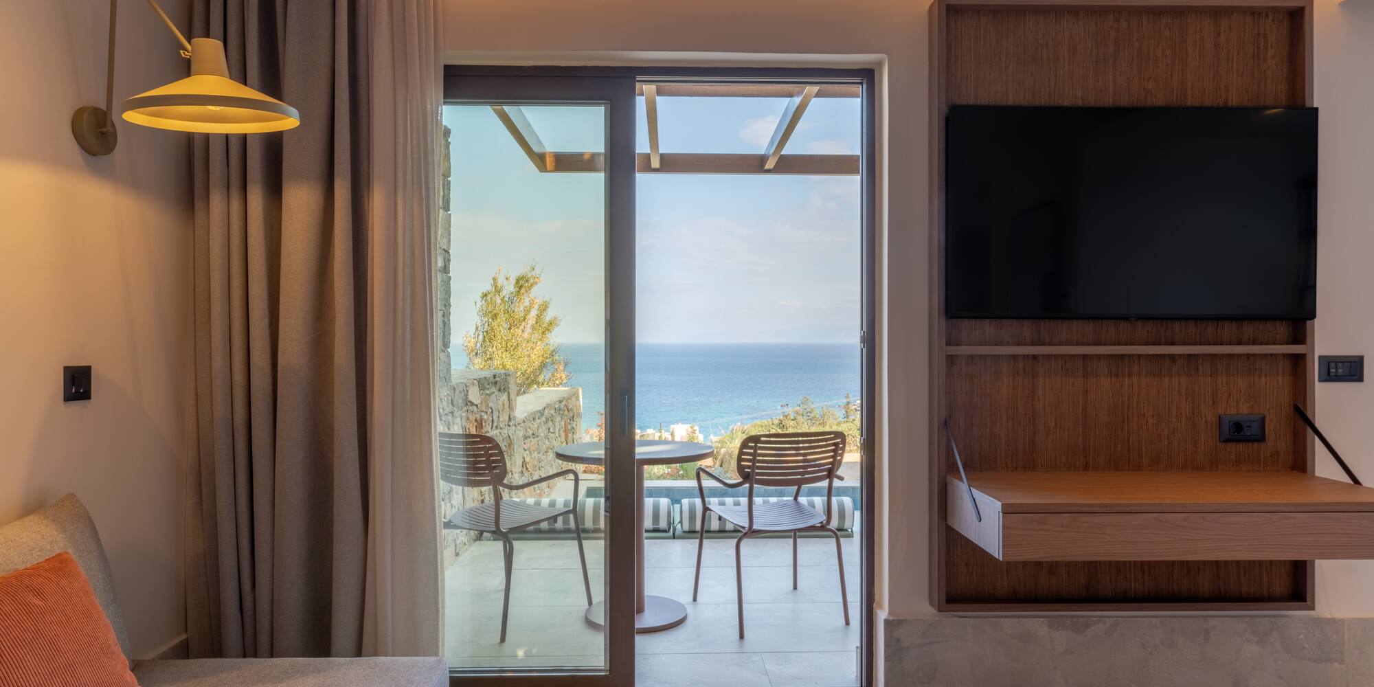 a room with a television and a table