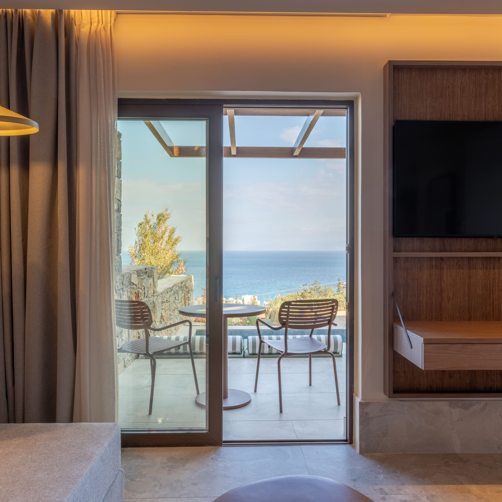 a room with a television and a table