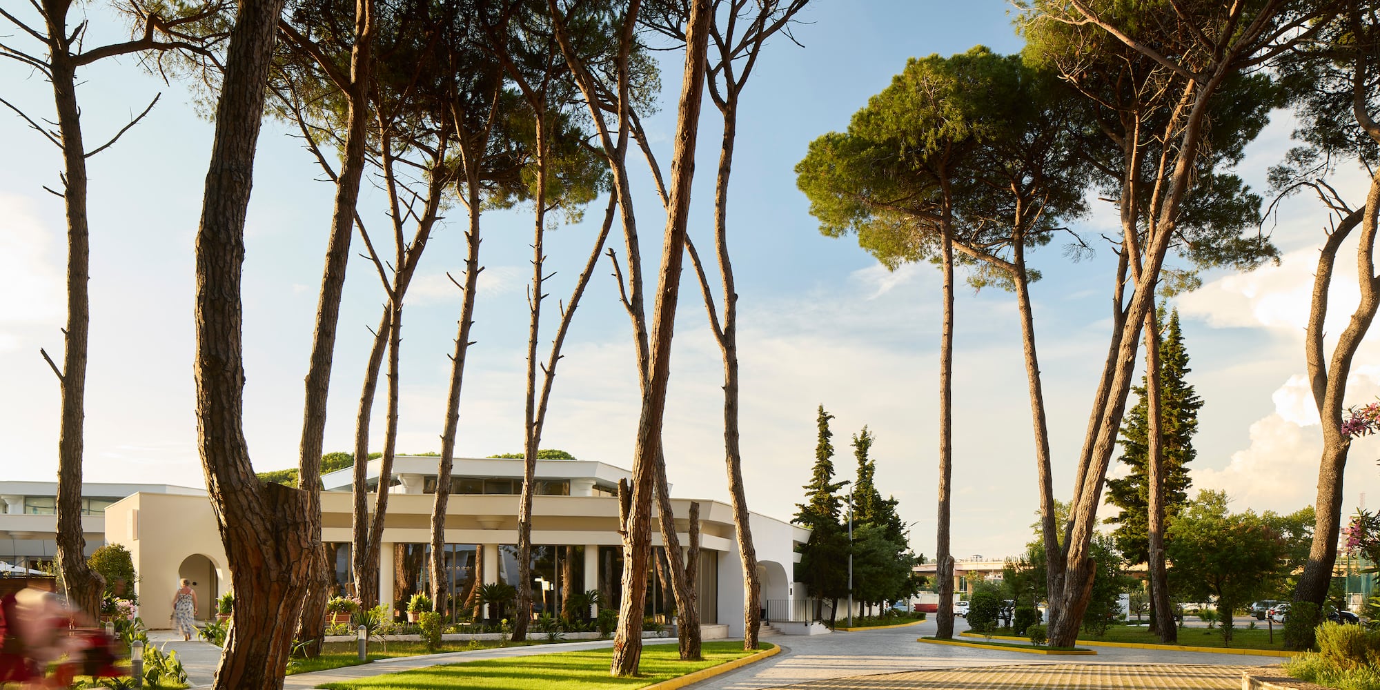 a path with trees and a building in the background