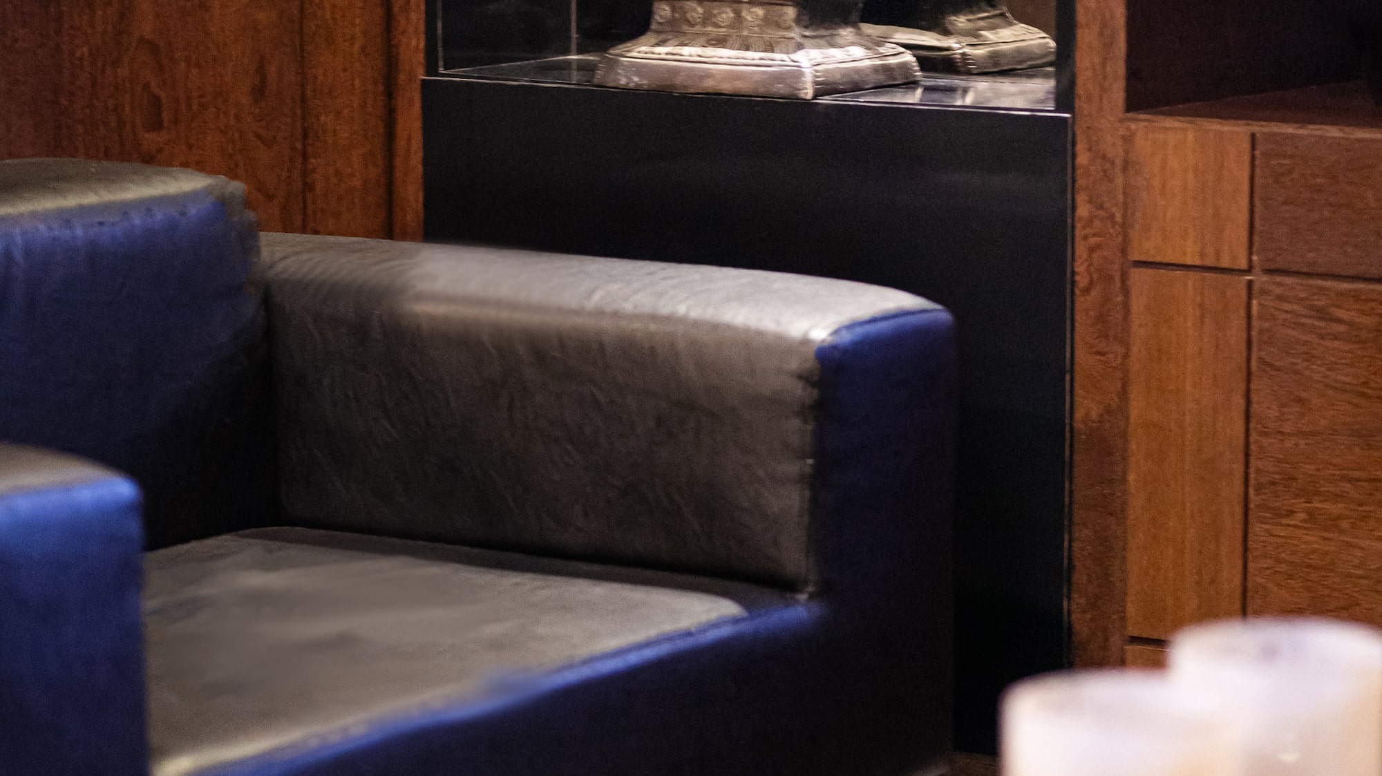 a statue in a glass case