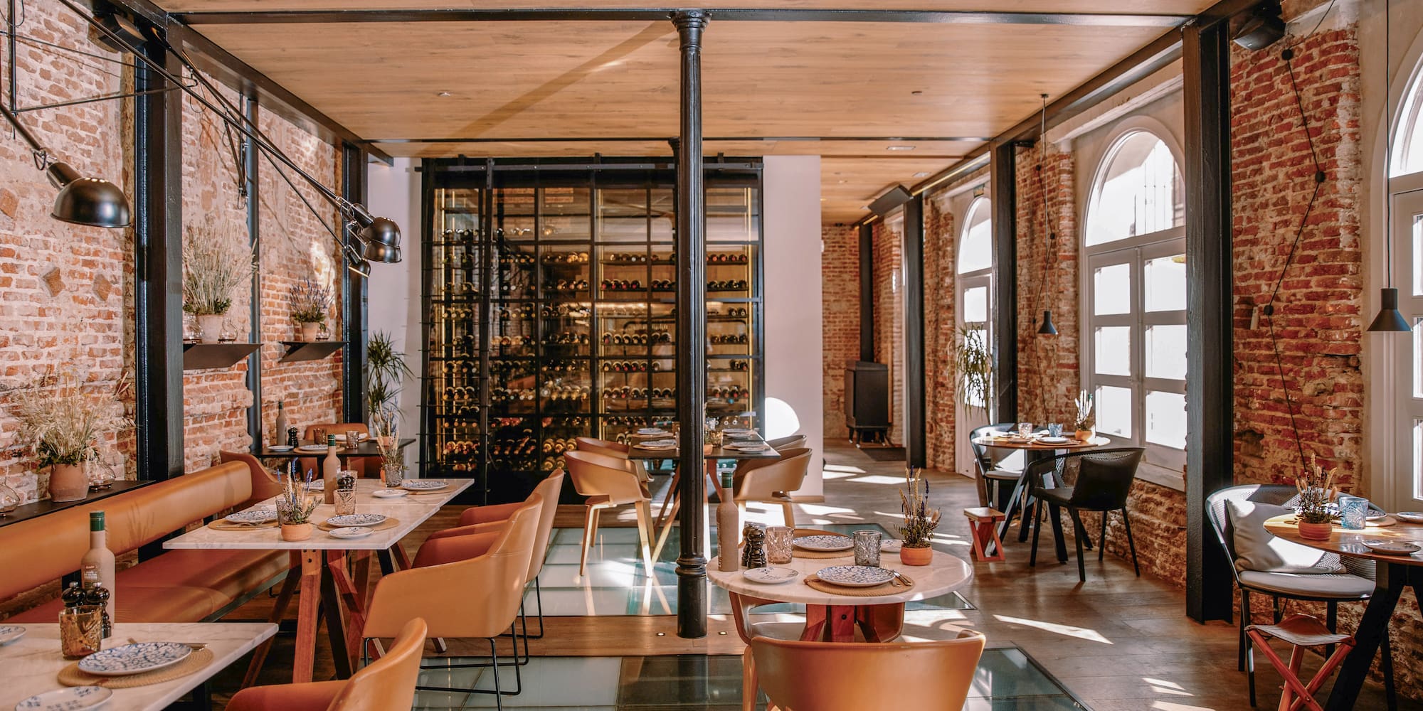 a room with tables and chairs