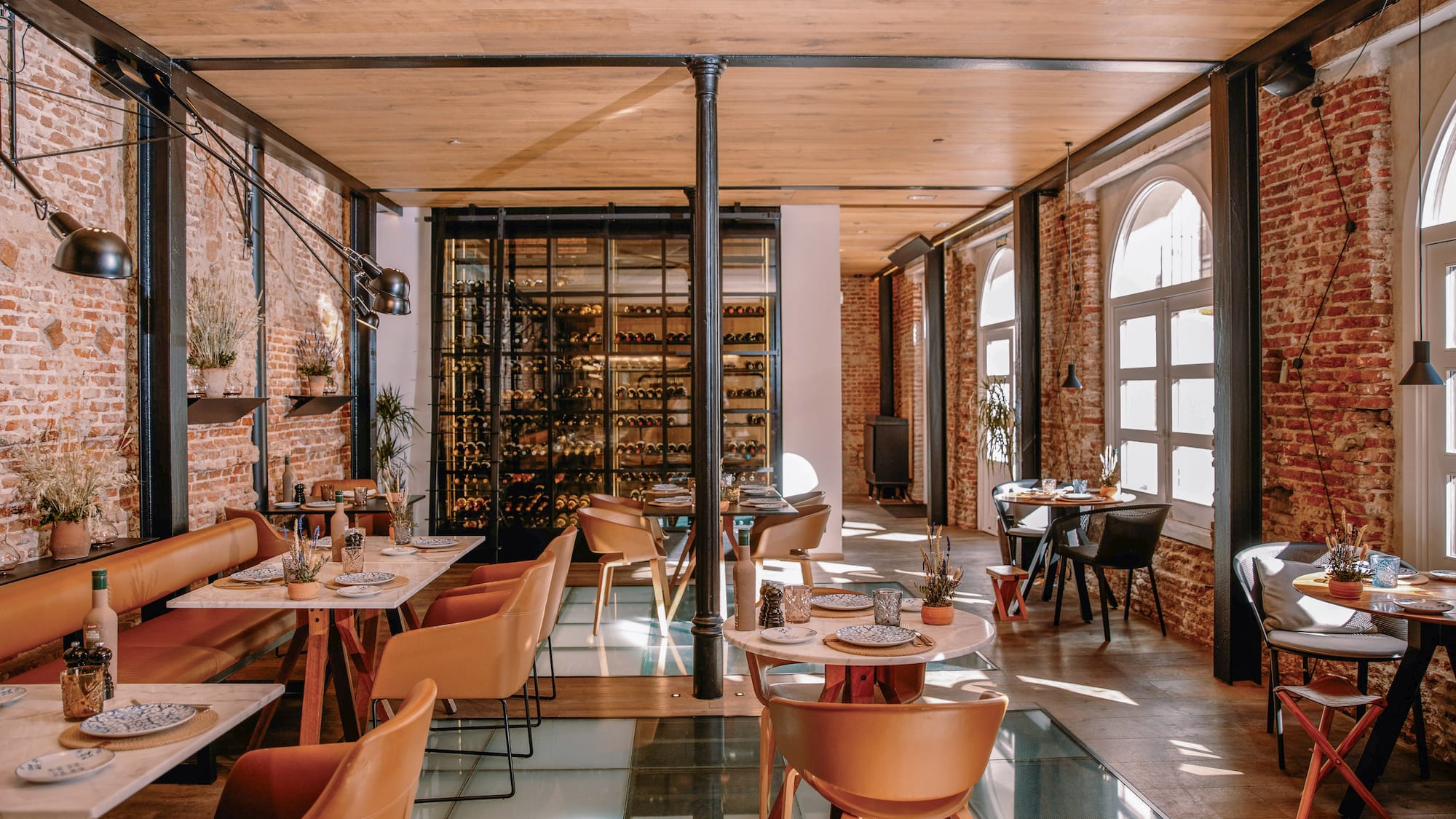 a room with tables and chairs