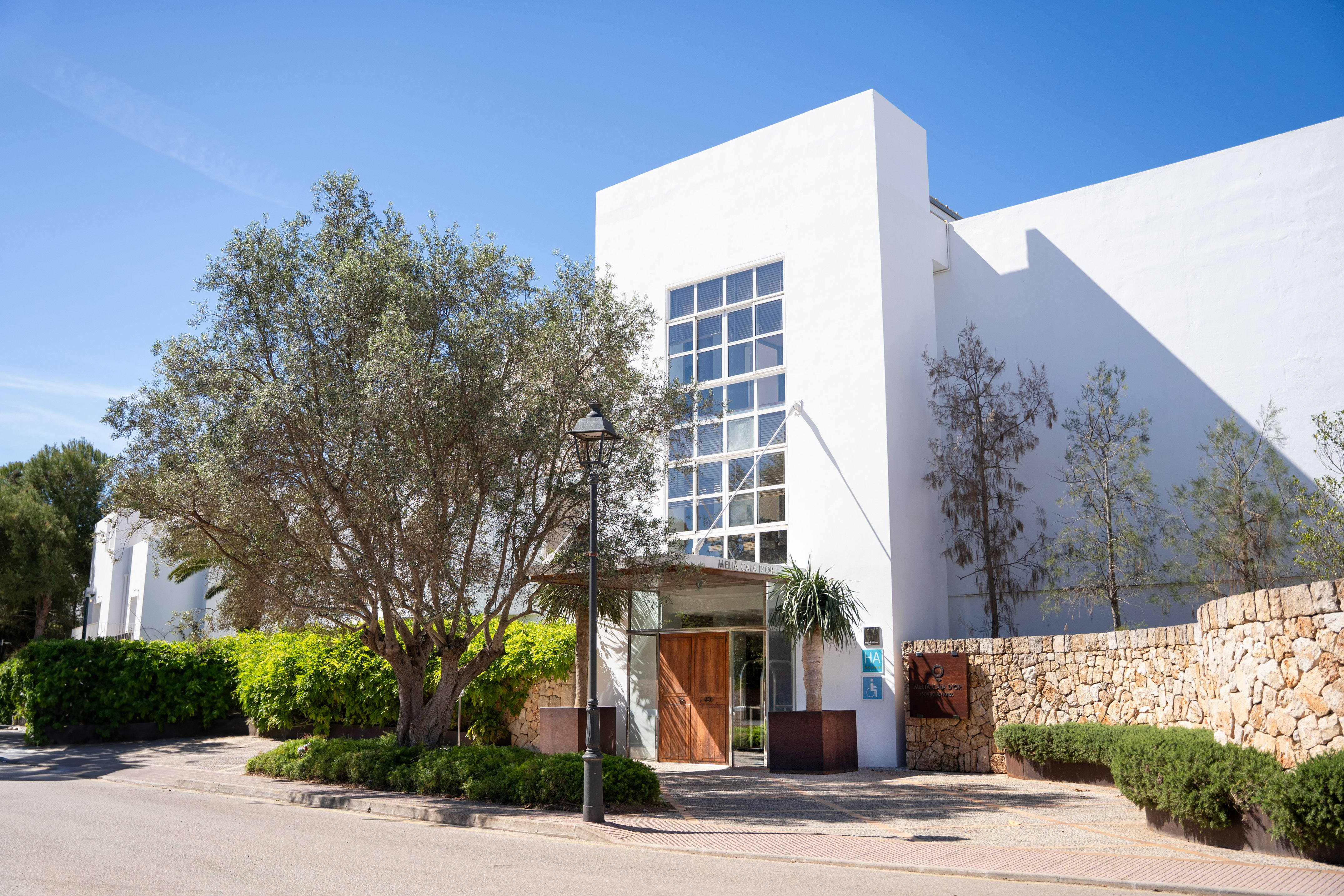 Meliá Cala d'Or hotel entrance with olive tree, white building, blue sky.