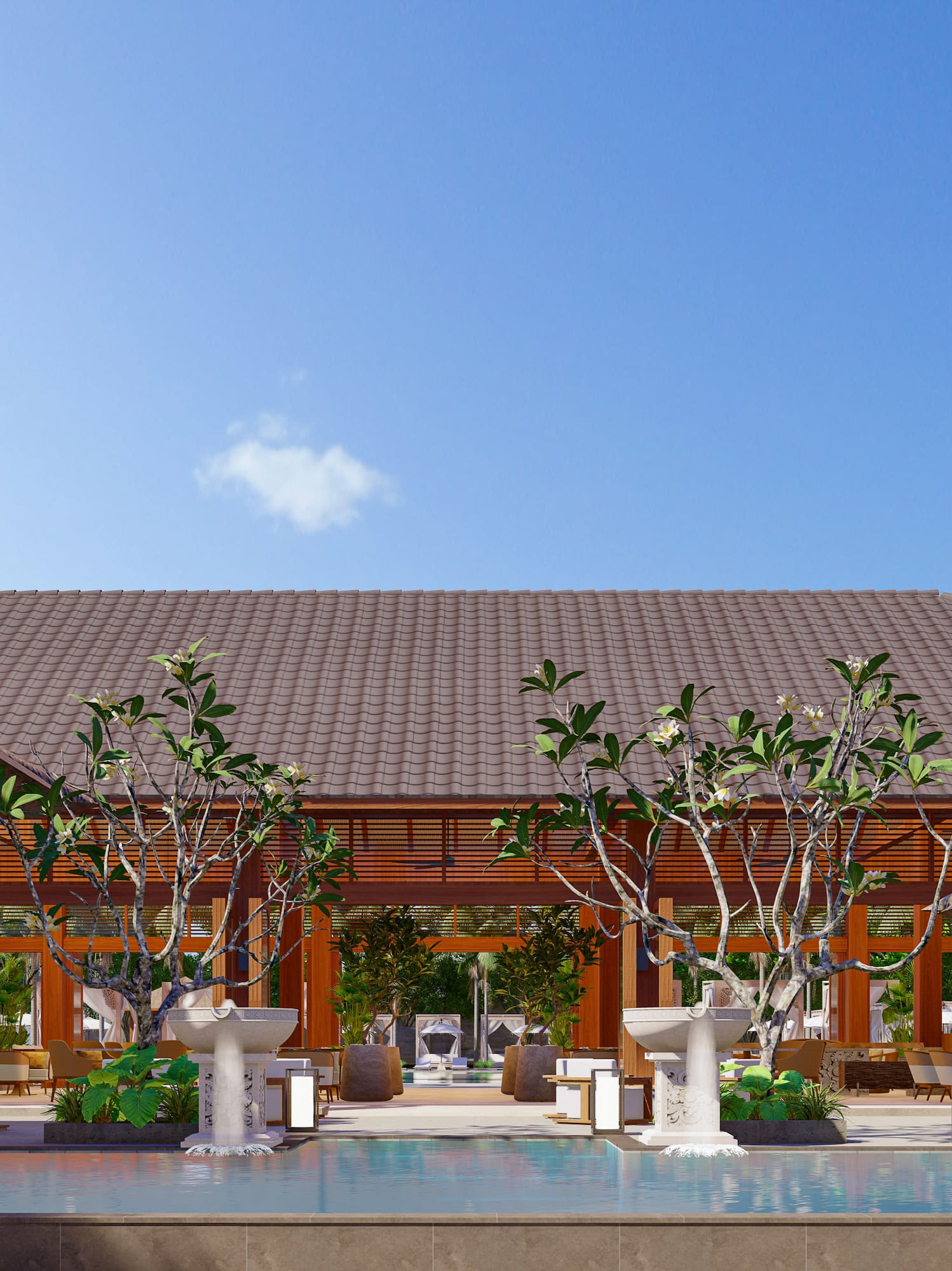 a building with a pool and trees