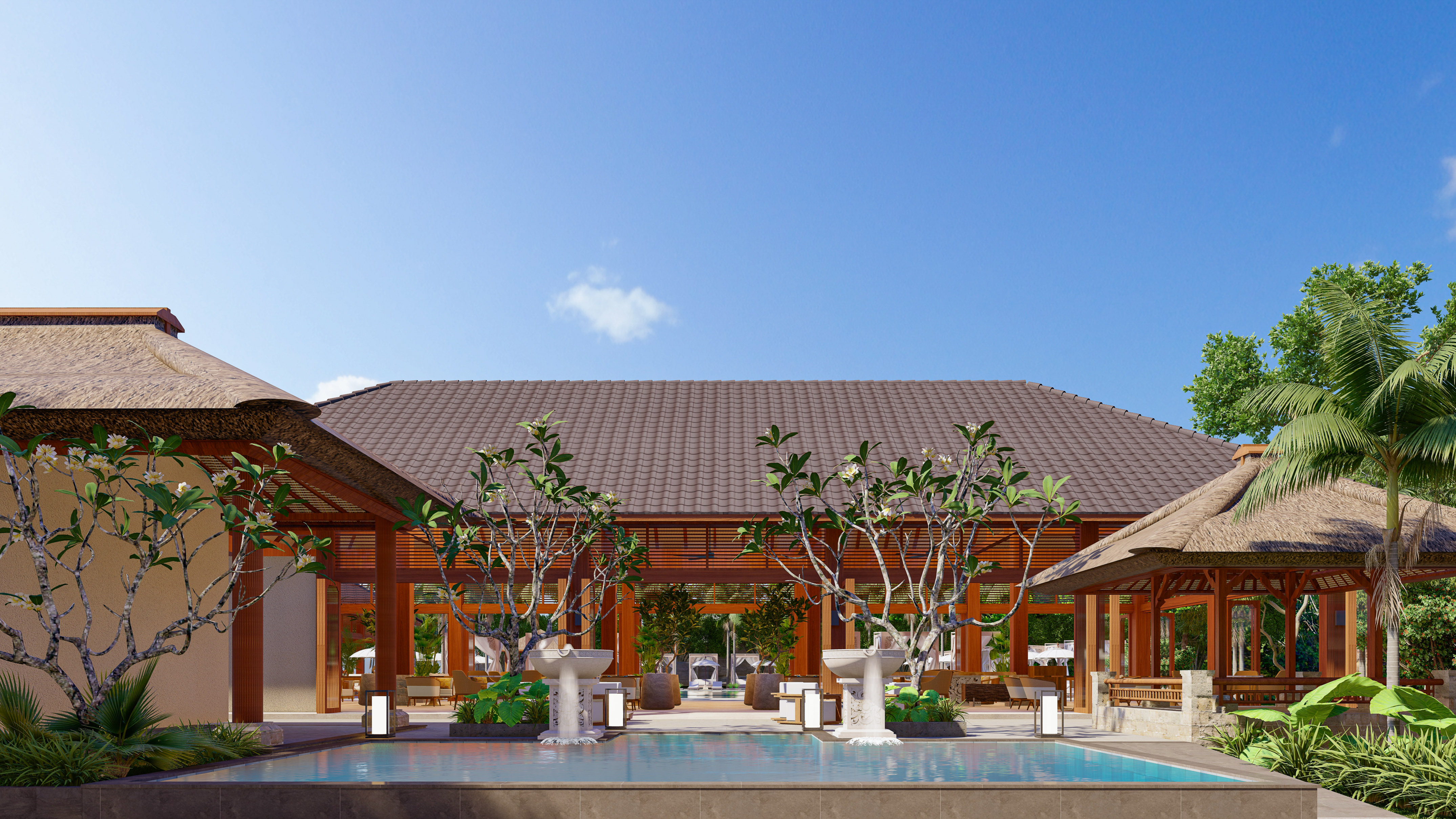 a building with a pool and trees