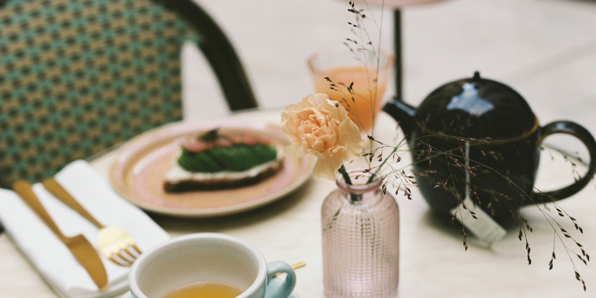 a cup of tea and a plate of food on a table