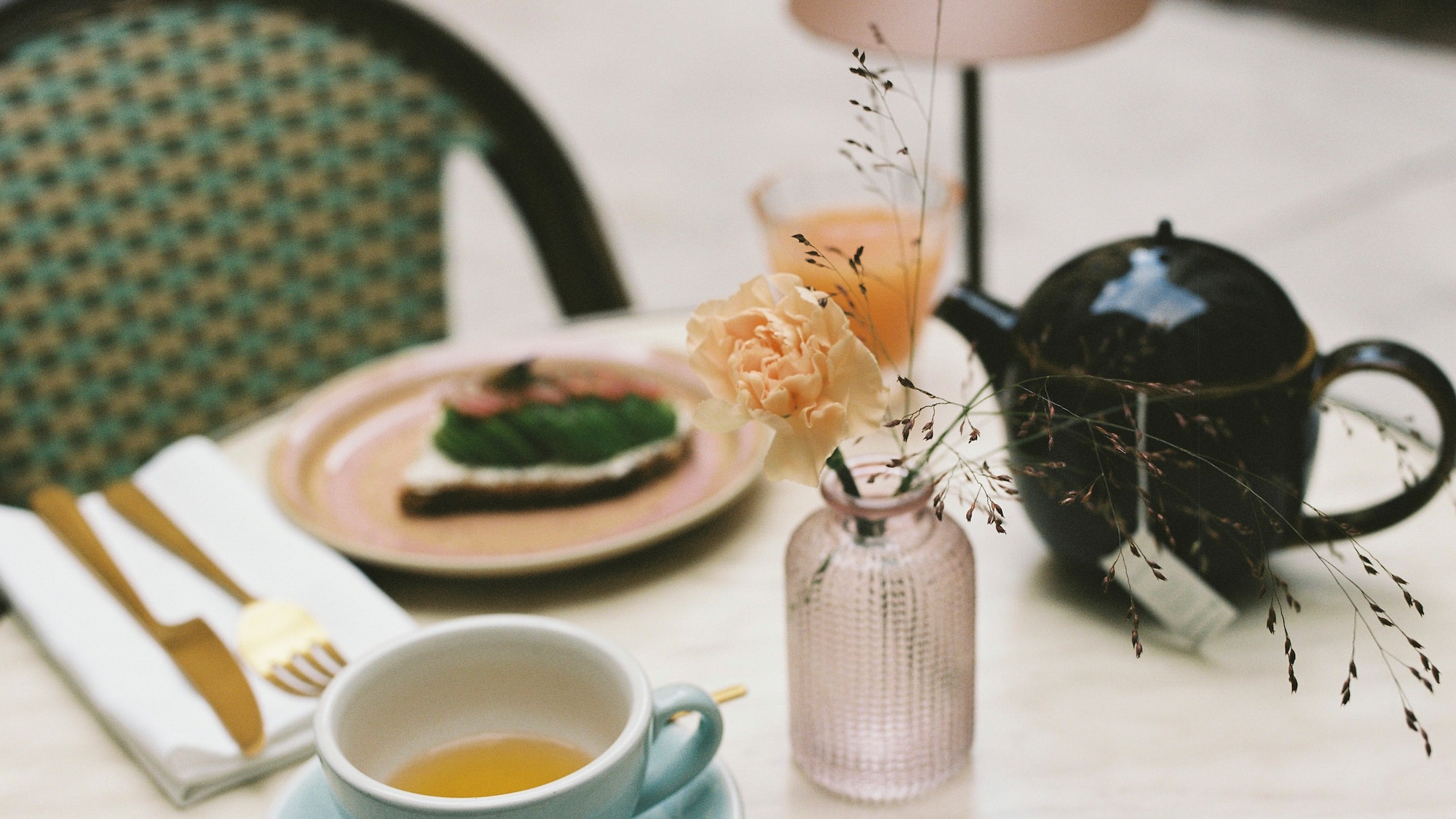 a cup of tea and a plate of food on a table