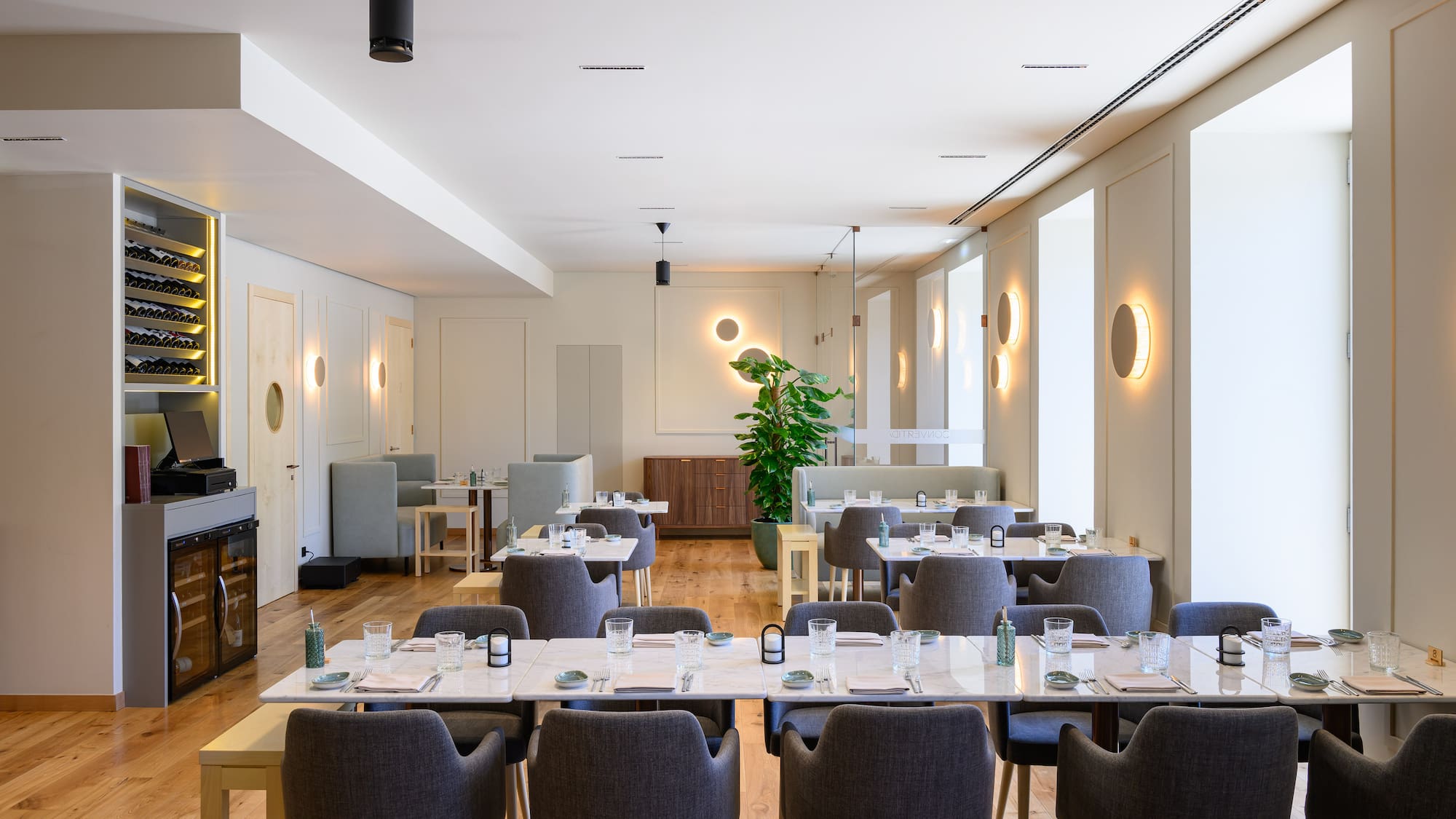 a room with tables and chairs