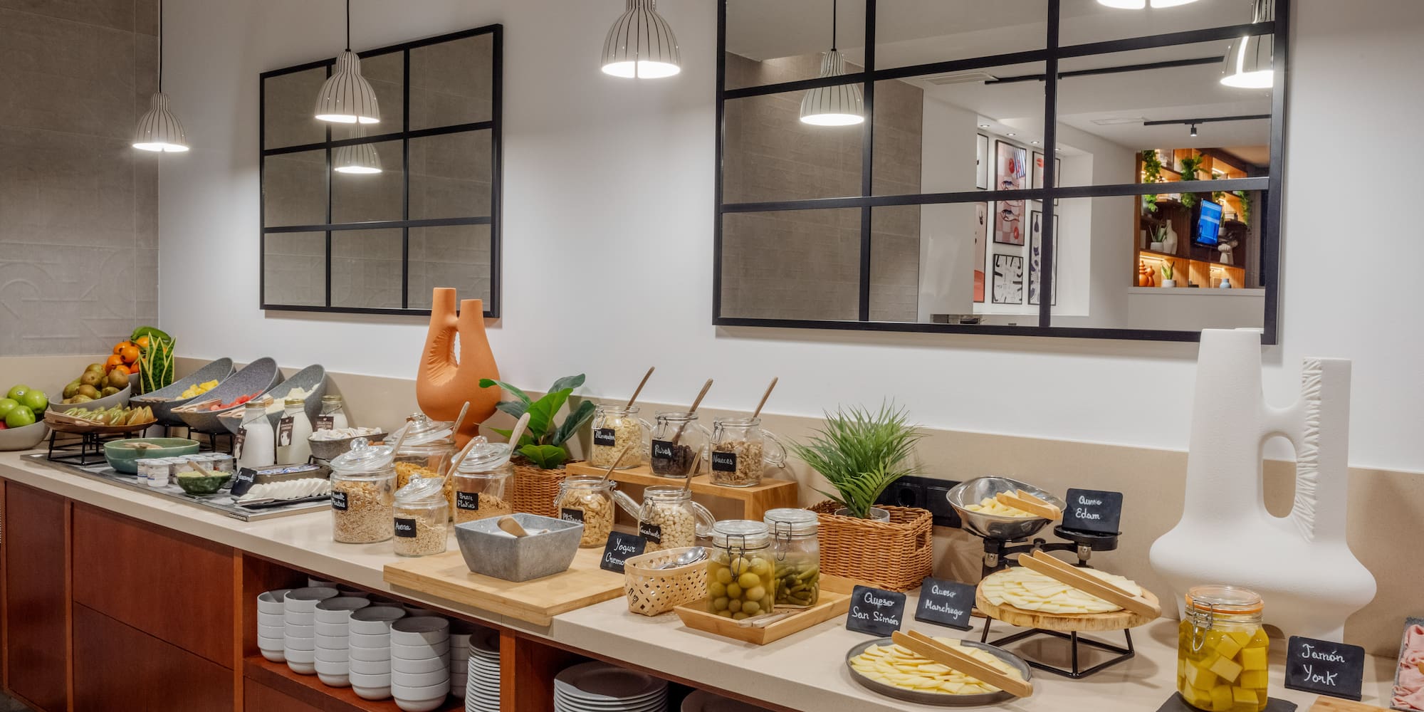 a buffet with food on it