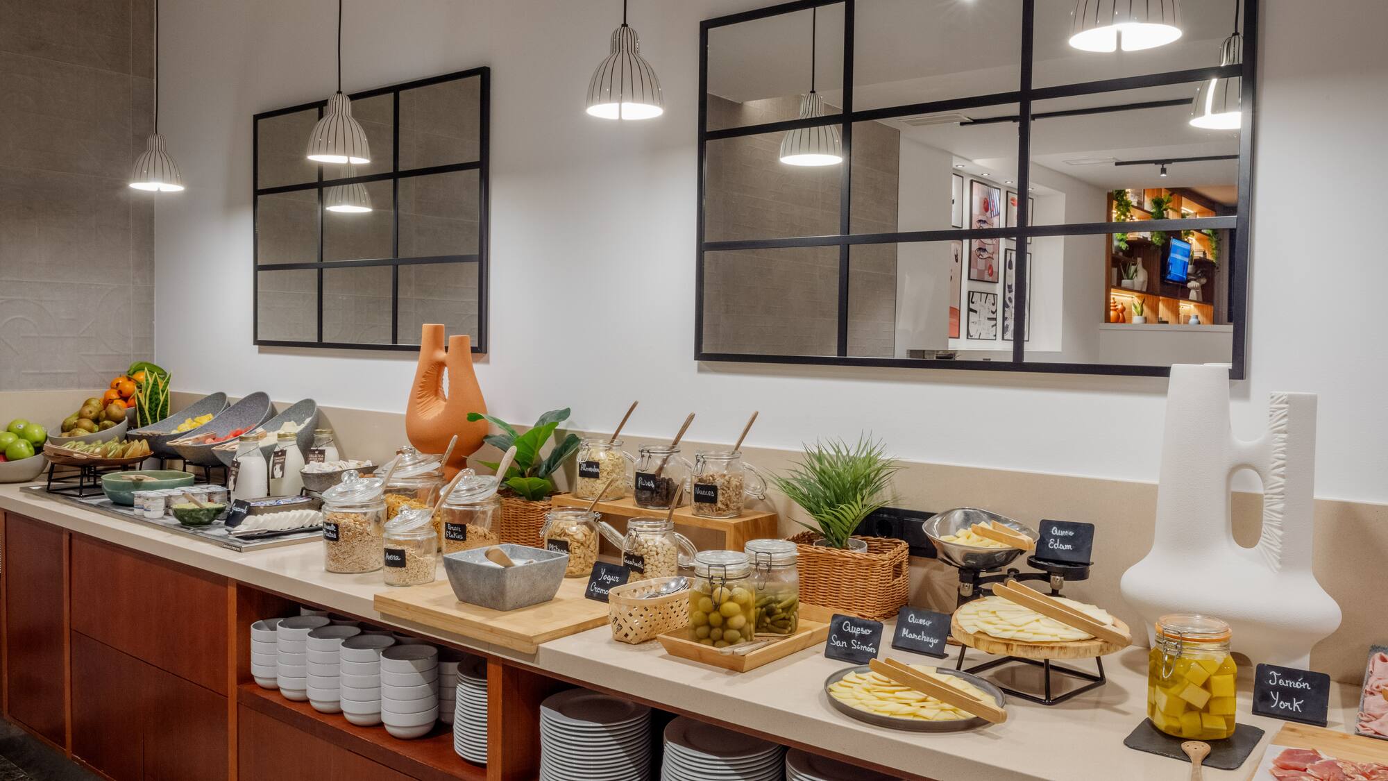 a buffet with food on it