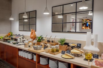 a buffet with food on it