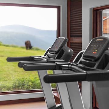 a treadmills in a room with a cow in the background
