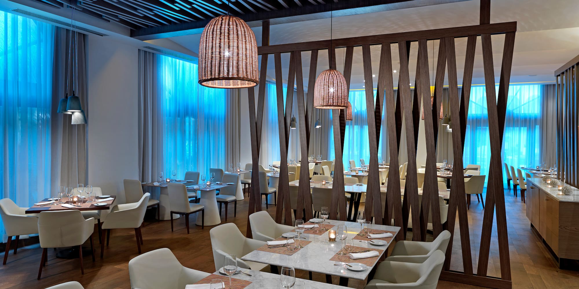 a room with tables and chairs