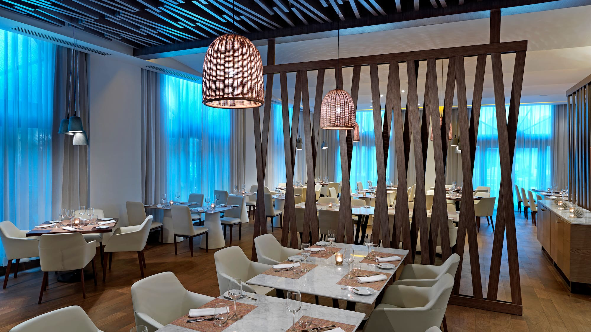 a room with tables and chairs