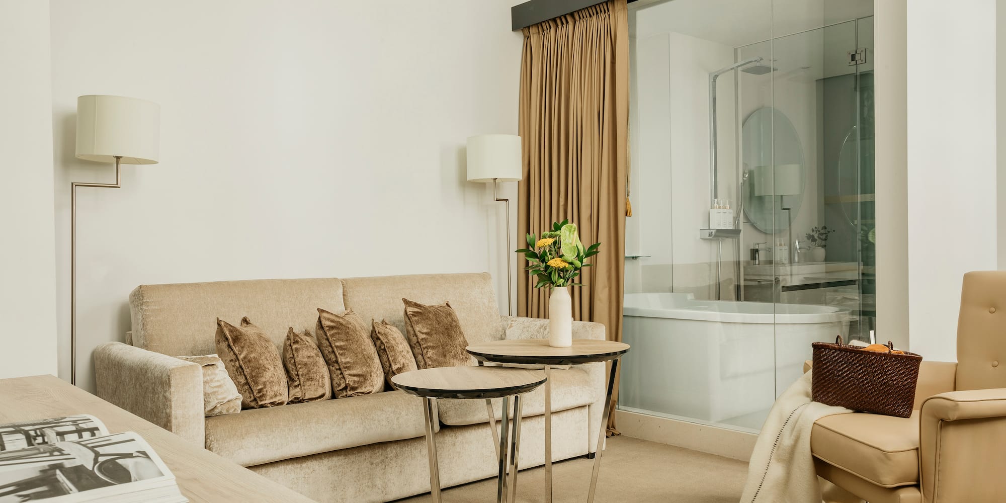 a room with a couch and a tub