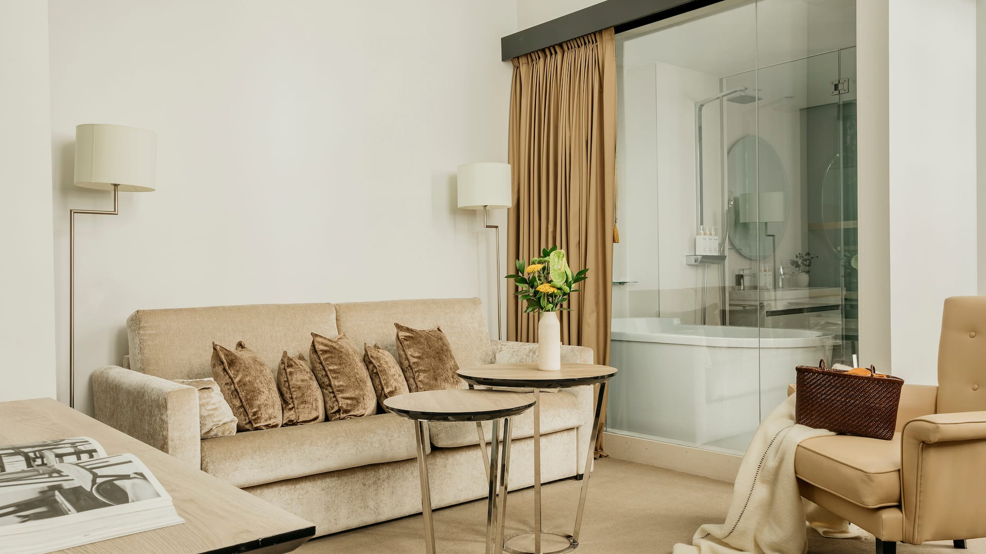 a room with a couch and a tub