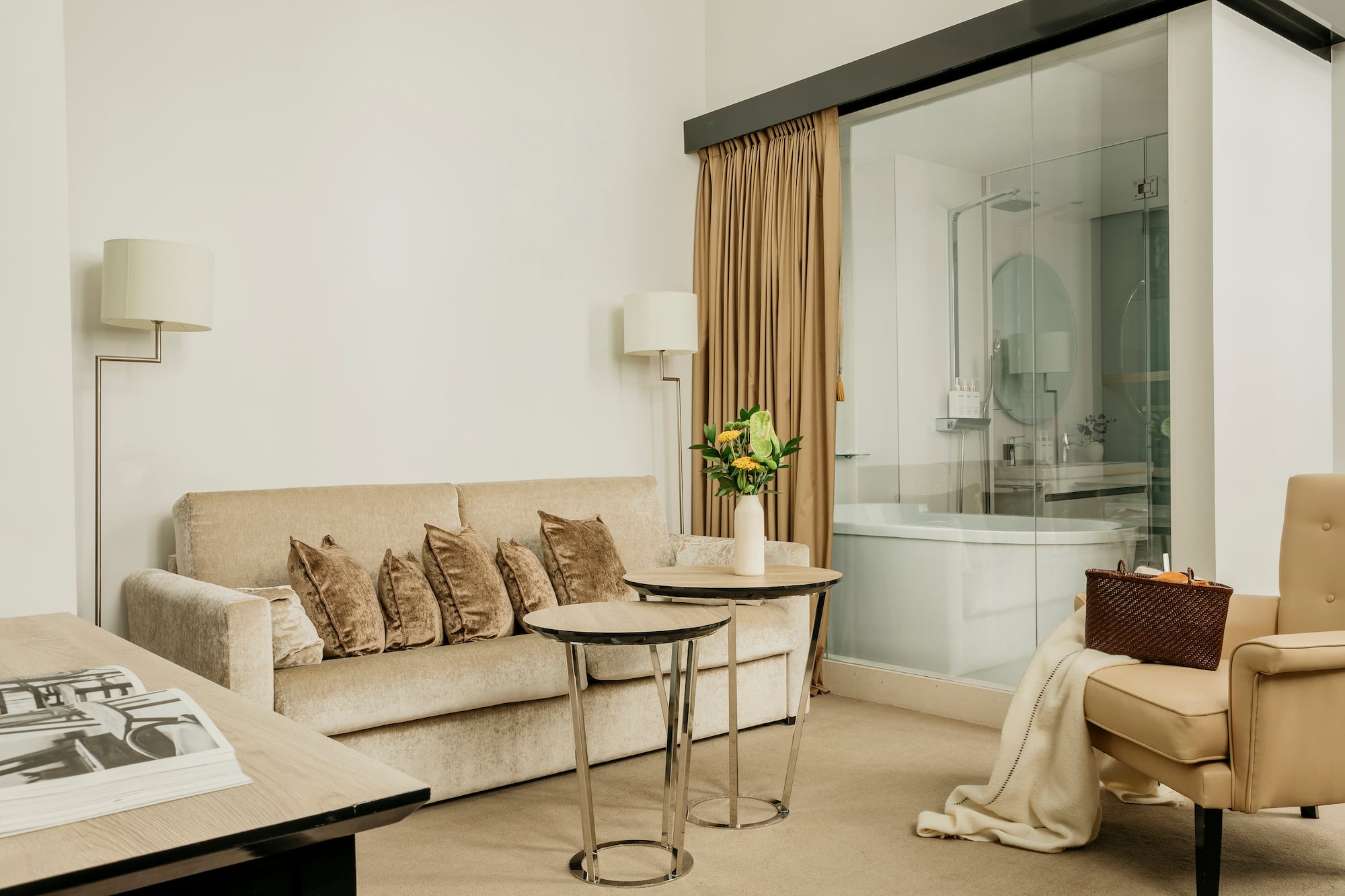 a room with a couch and a tub