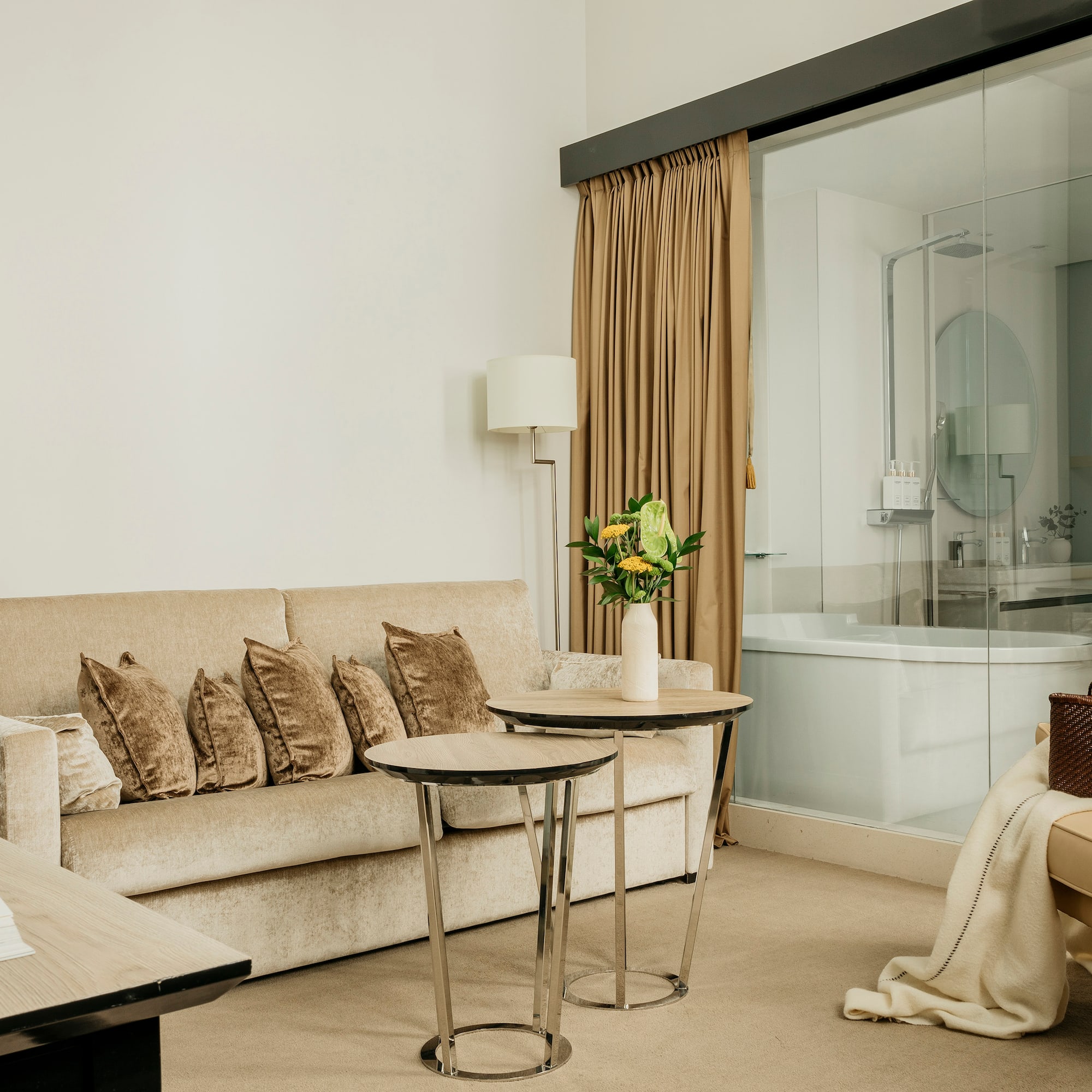 a room with a couch and a tub