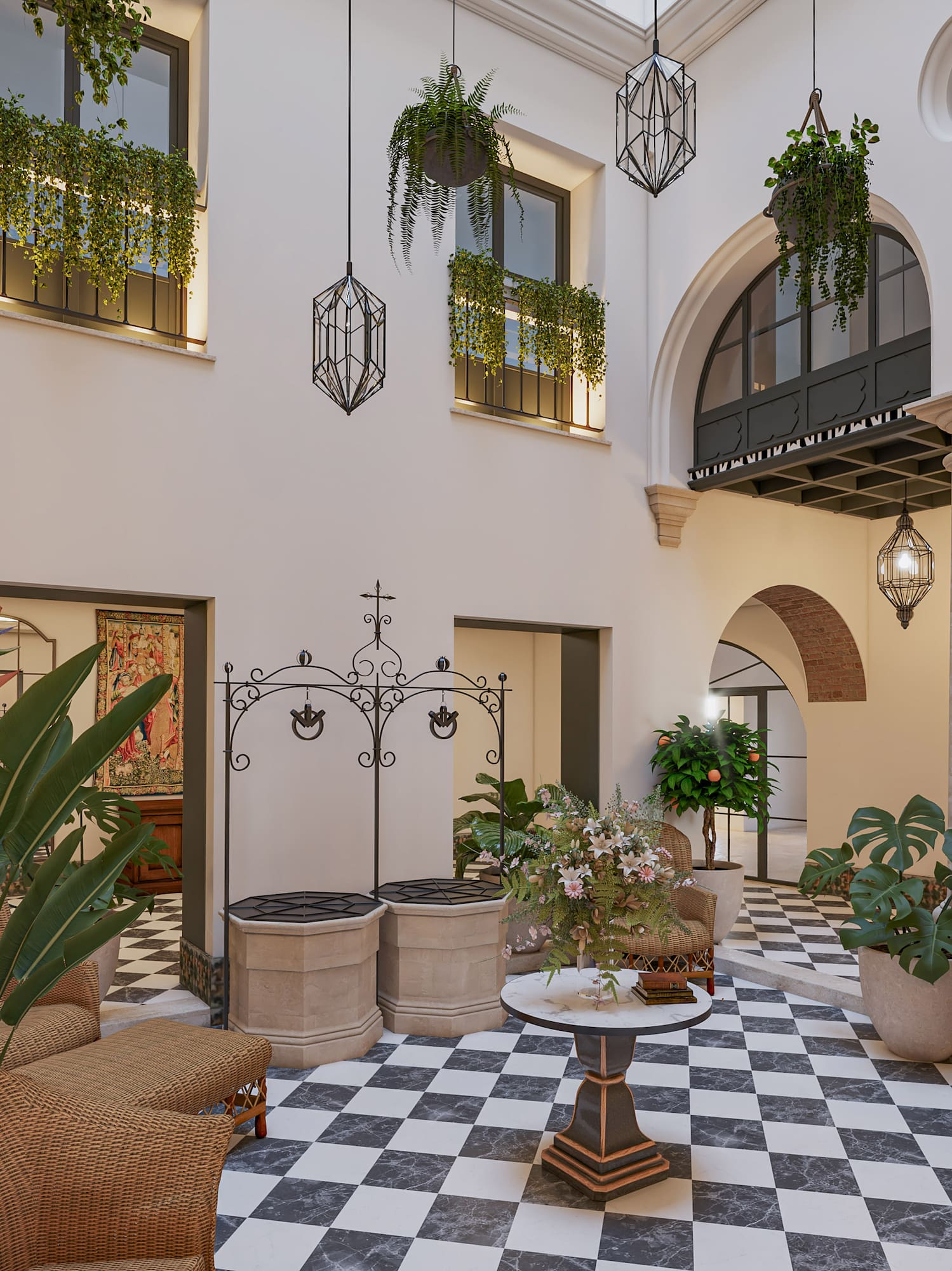 Mediterranean courtyard with checkerboard floor, wicker furniture, hanging plants.
