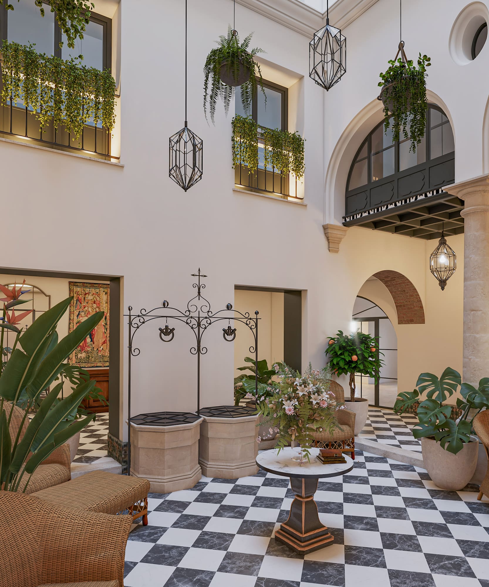 Mediterranean courtyard with checkerboard floor, wicker furniture, hanging plants.