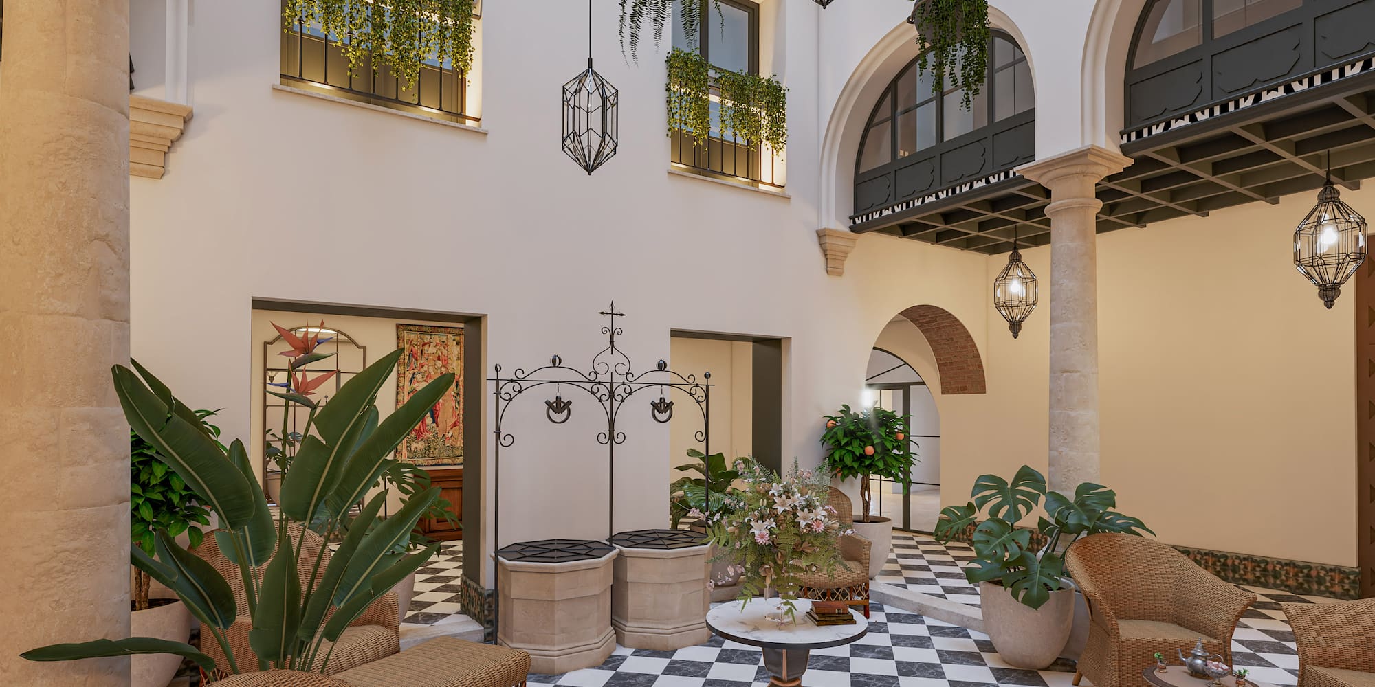 Mediterranean courtyard with checkerboard floor, wicker furniture, hanging plants.