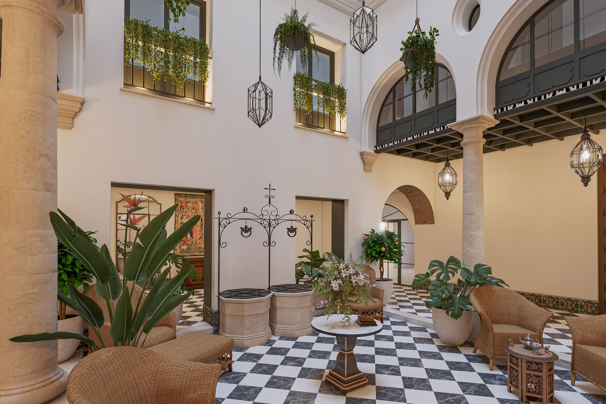 Mediterranean courtyard with checkerboard floor, rattan furniture, lush plants, lanterns.