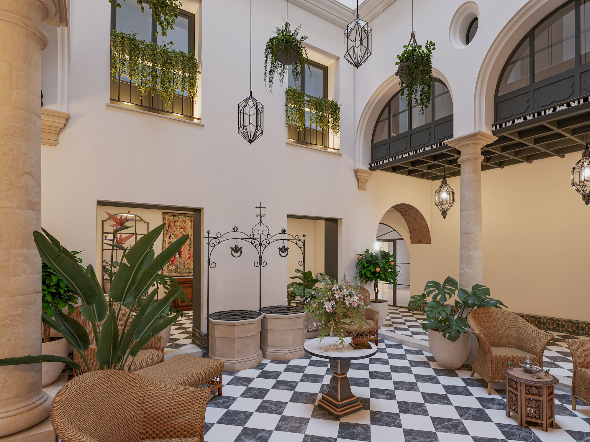 Mediterranean courtyard with checkerboard floor, wicker furniture, and lush plants.
