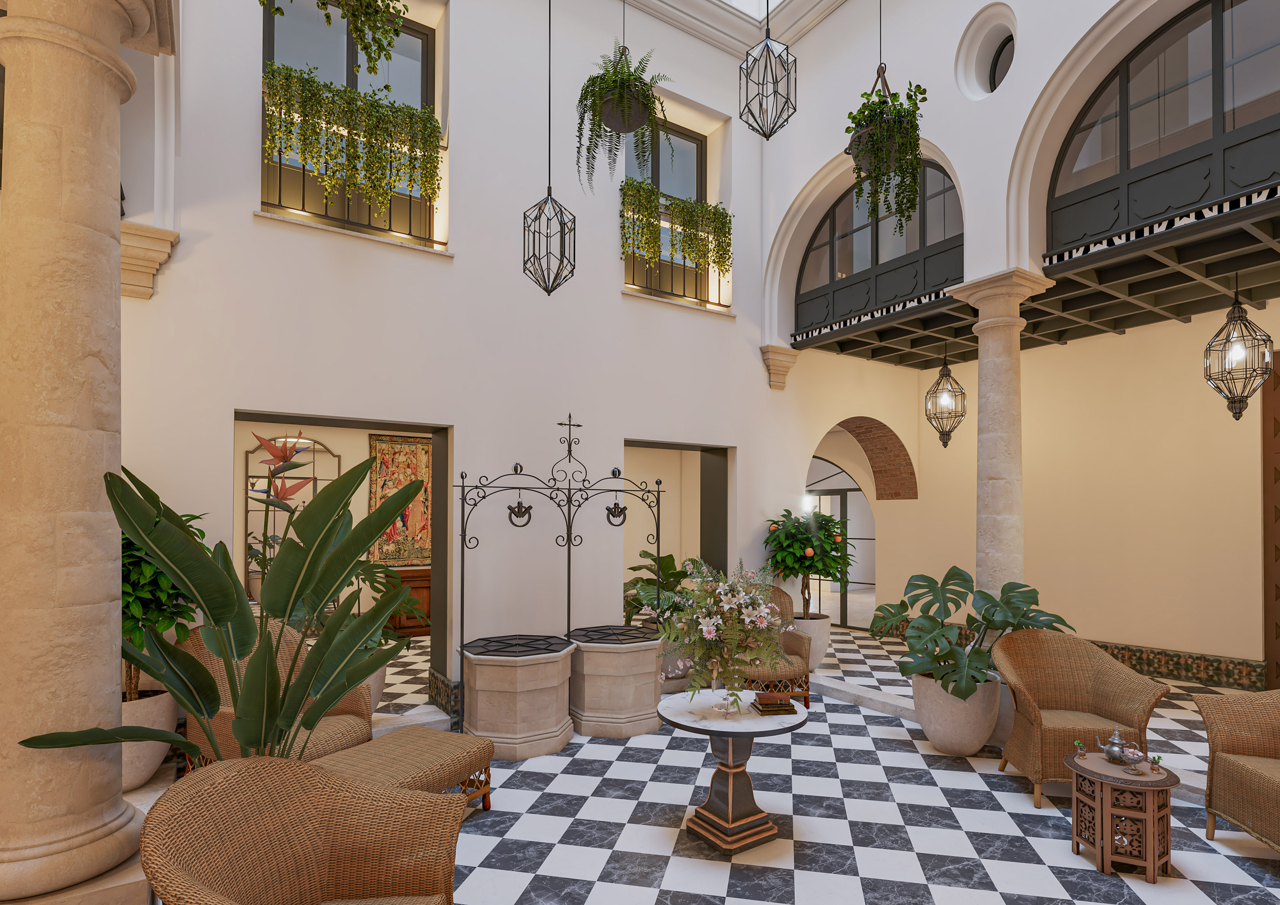 Mediterranean courtyard with checkerboard floor, wicker furniture, hanging plants.