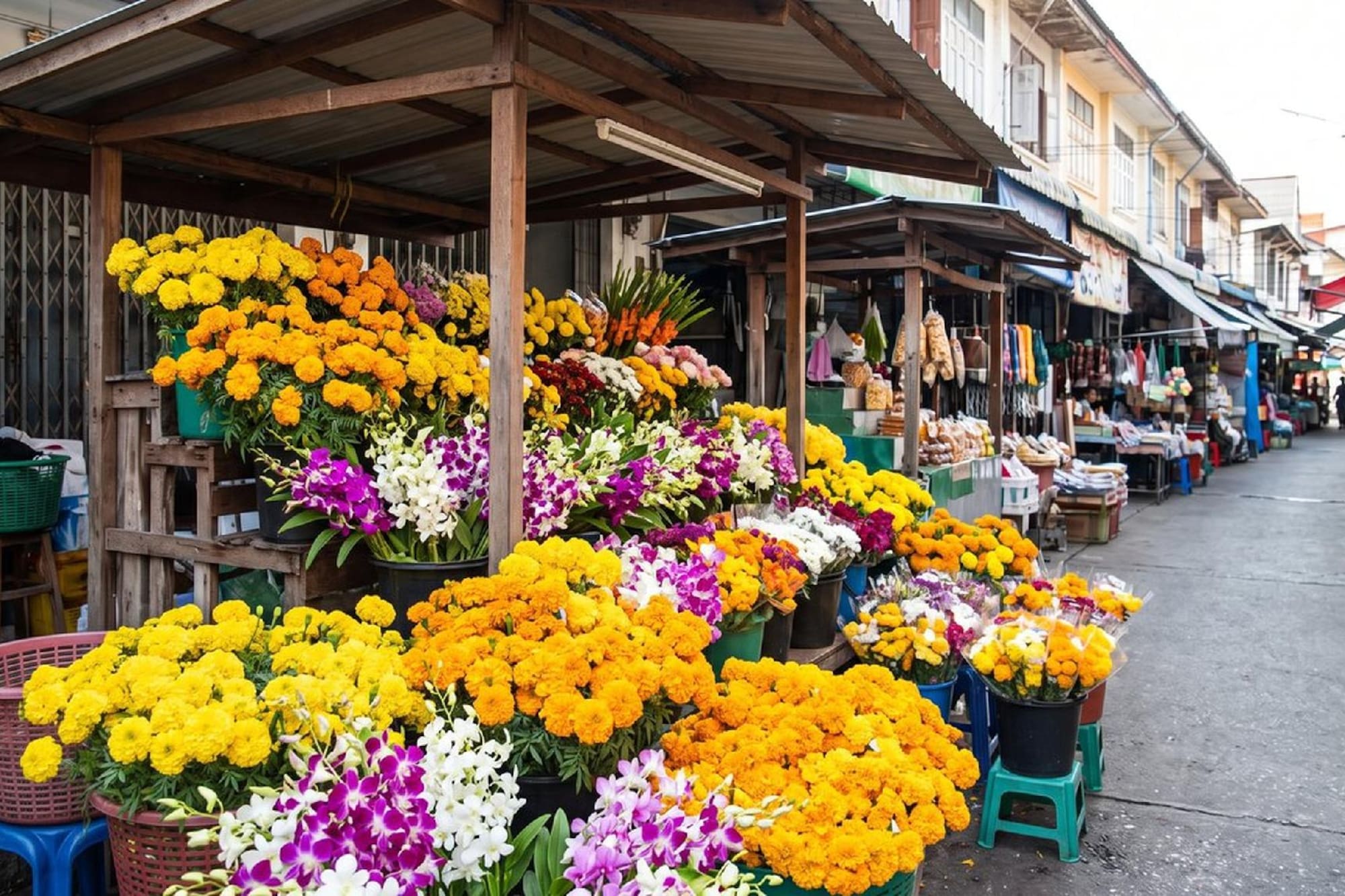 Colorful flower stall with marigolds and orchids at an outdoor market.