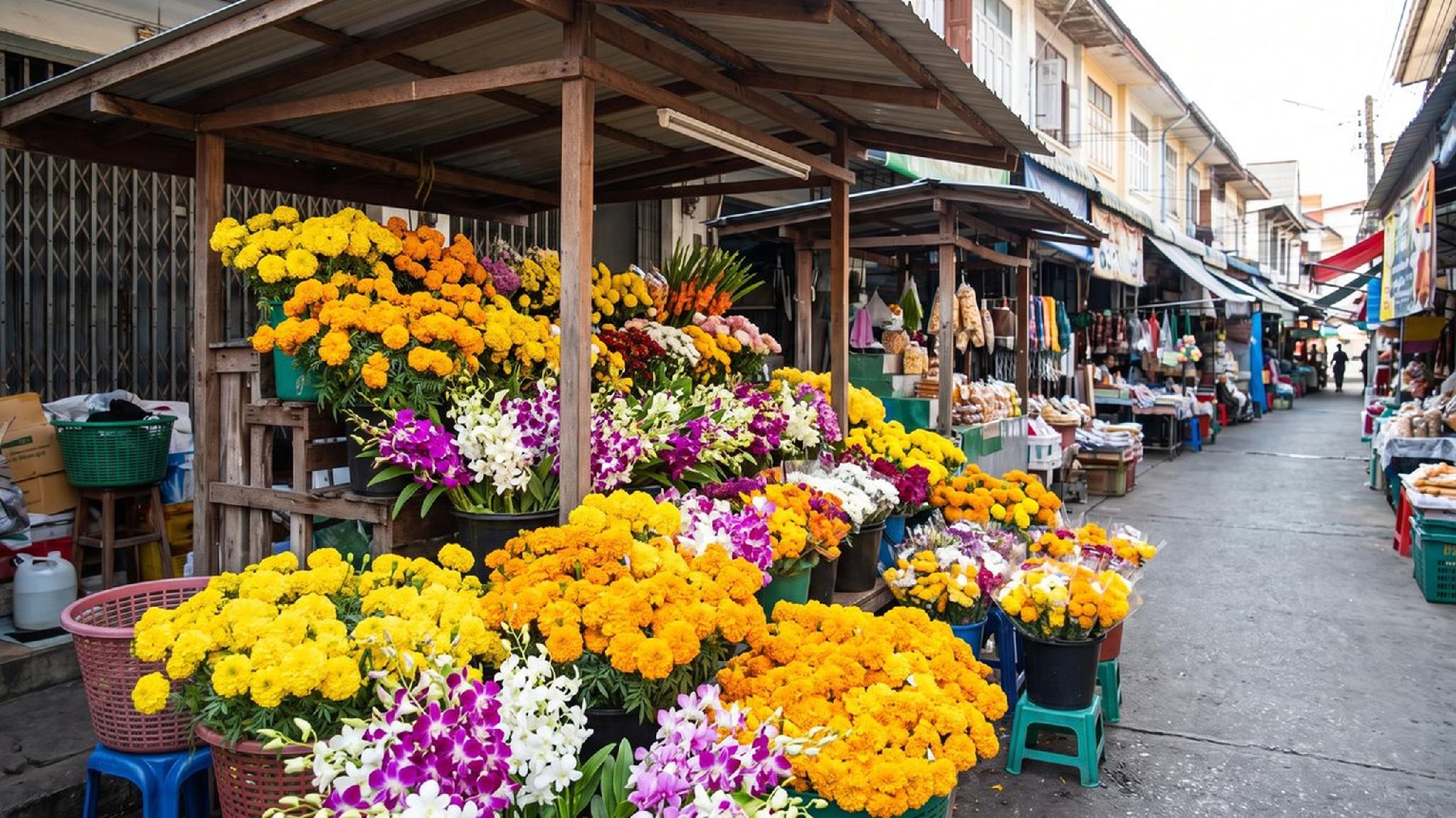 Colorful flower stall with marigolds and orchids at an outdoor market.