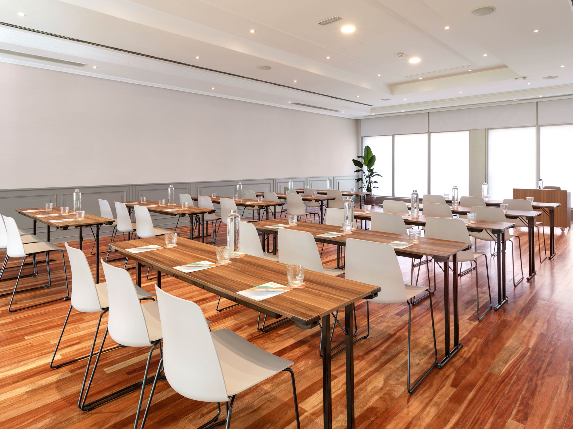 a room with tables and chairs