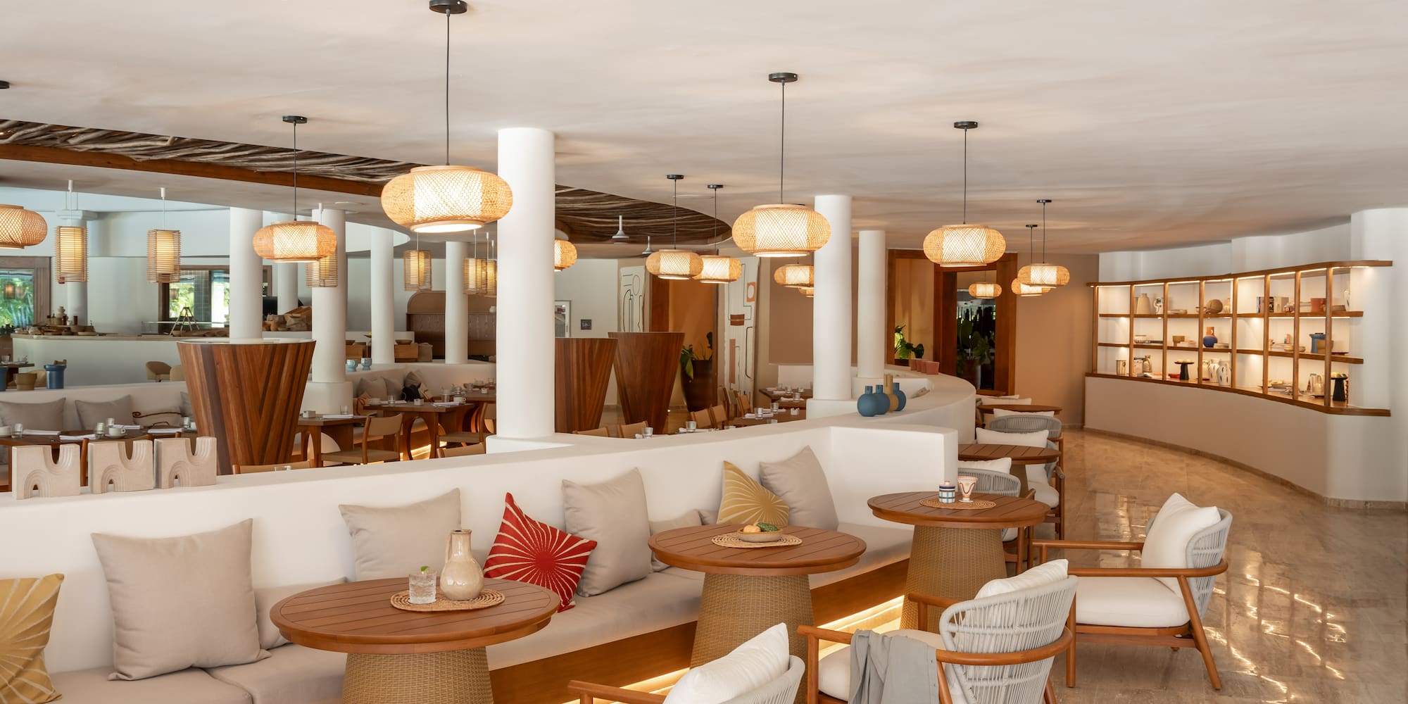 a room with tables and chairs