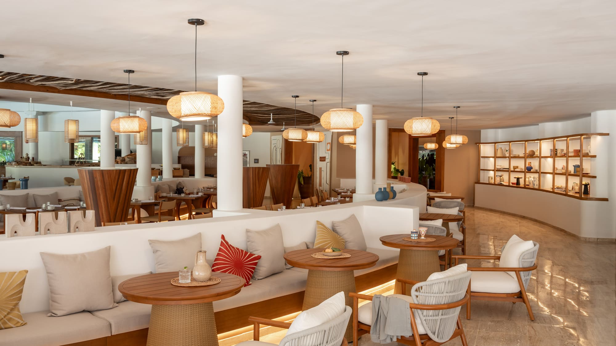 a room with tables and chairs