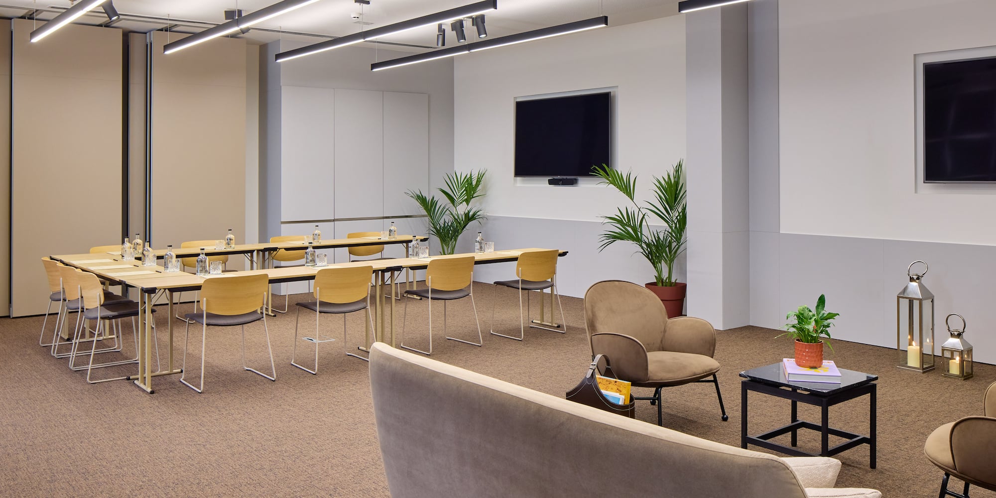 a room with tables and chairs