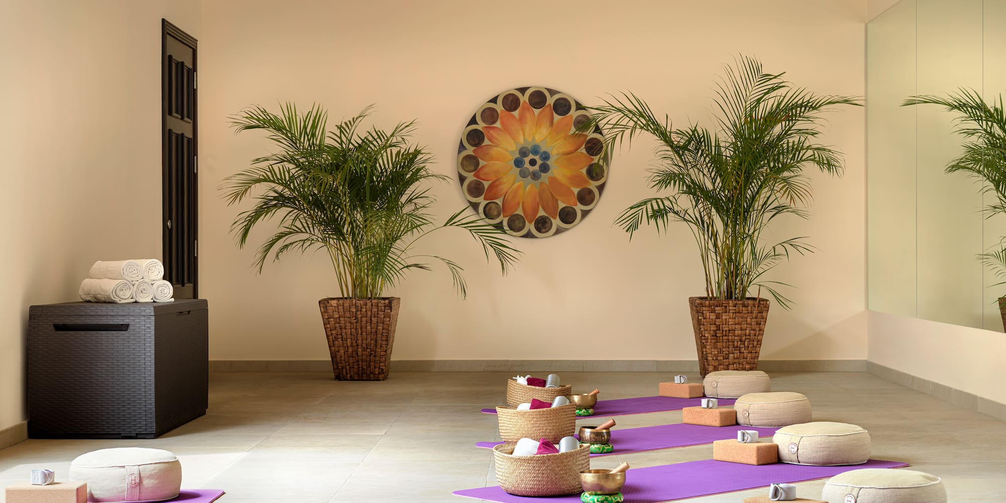 a room with yoga mats and plants