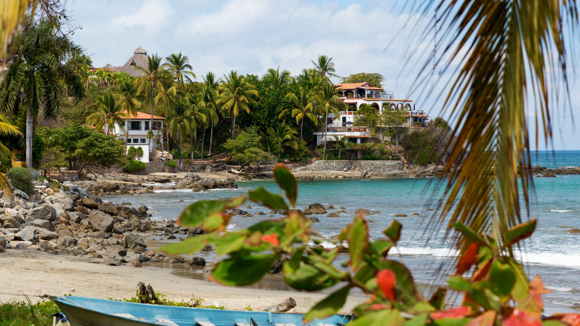 a beach with houses and palm trees