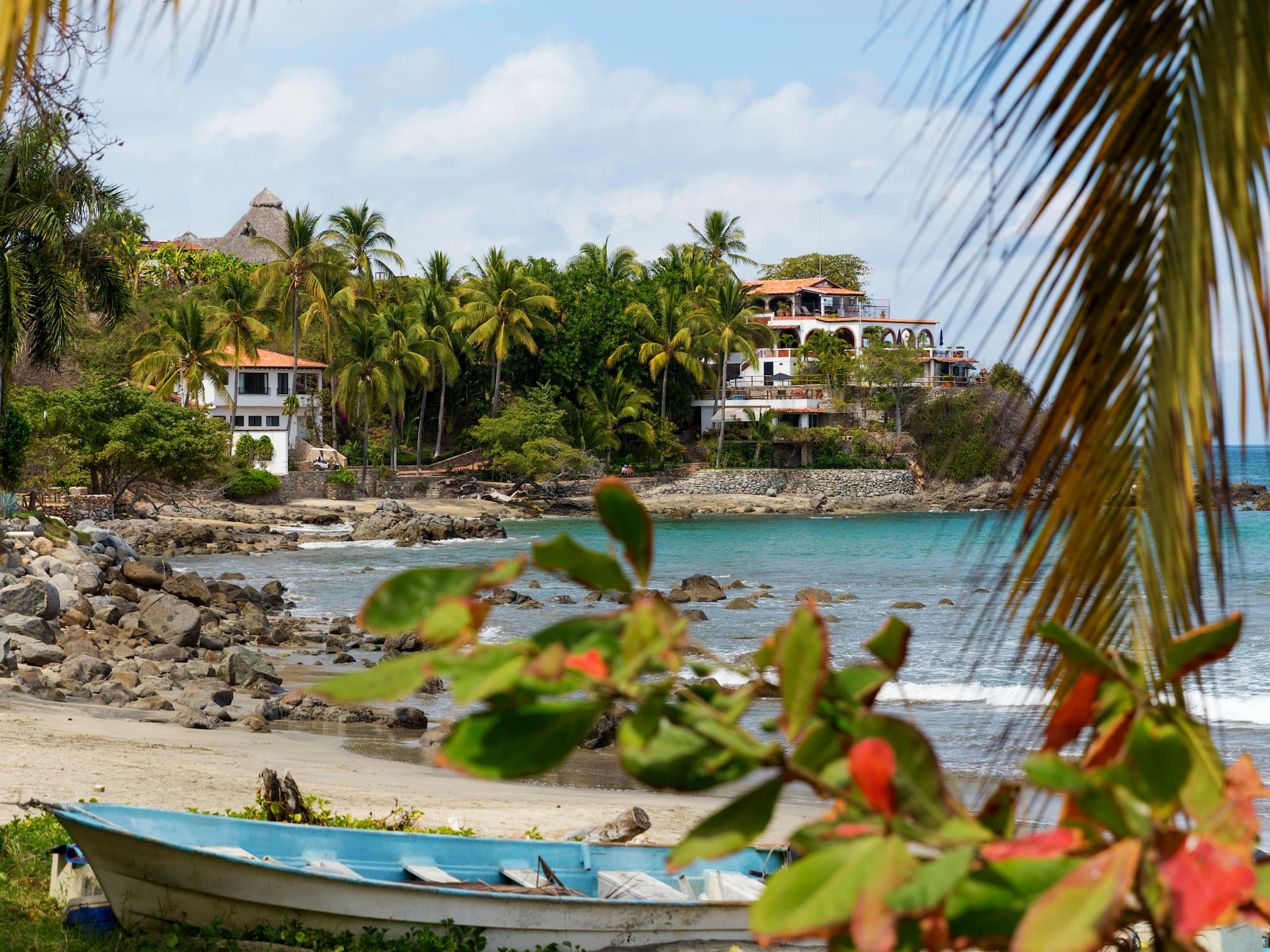 a beach with houses and palm trees