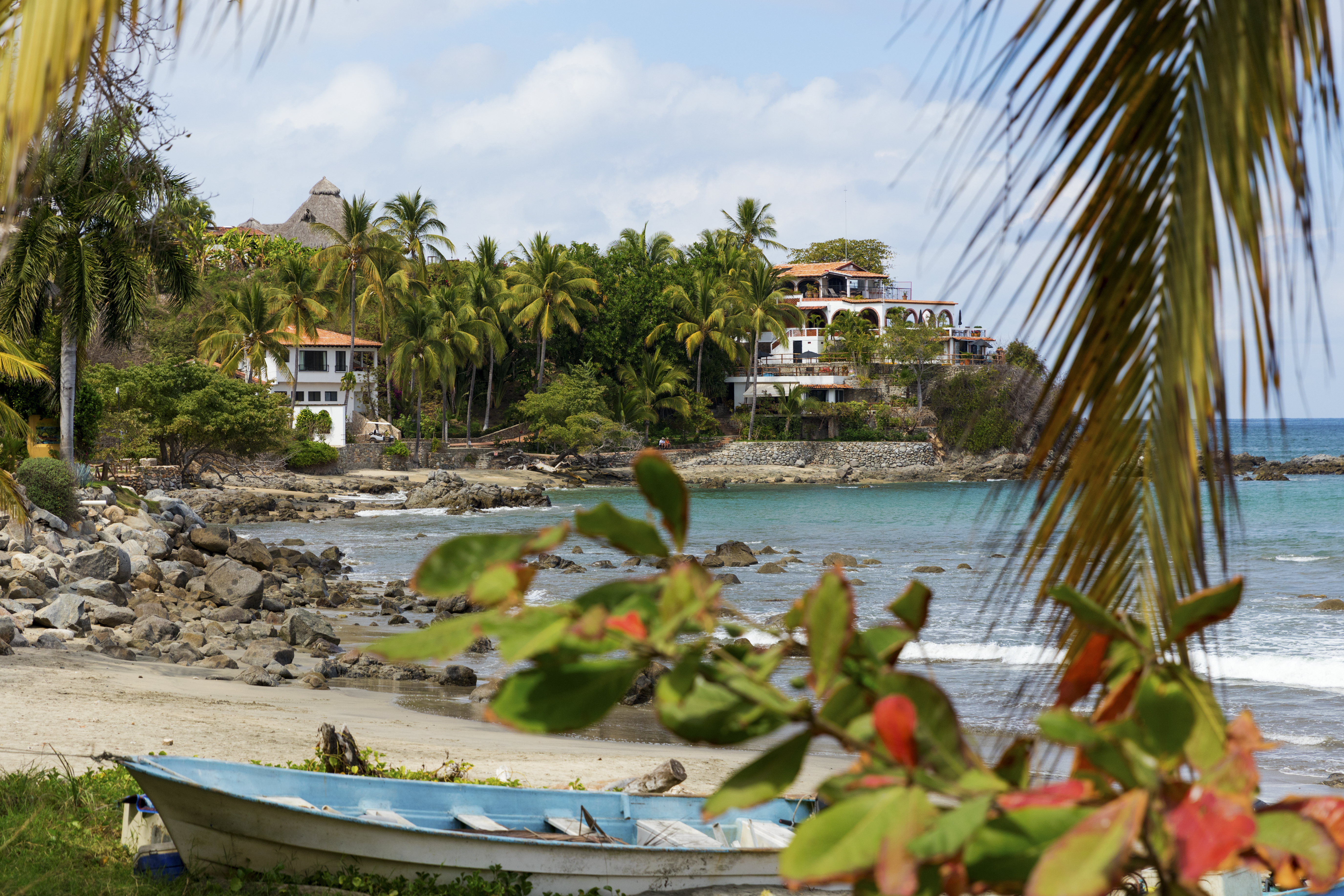 a beach with houses and palm trees