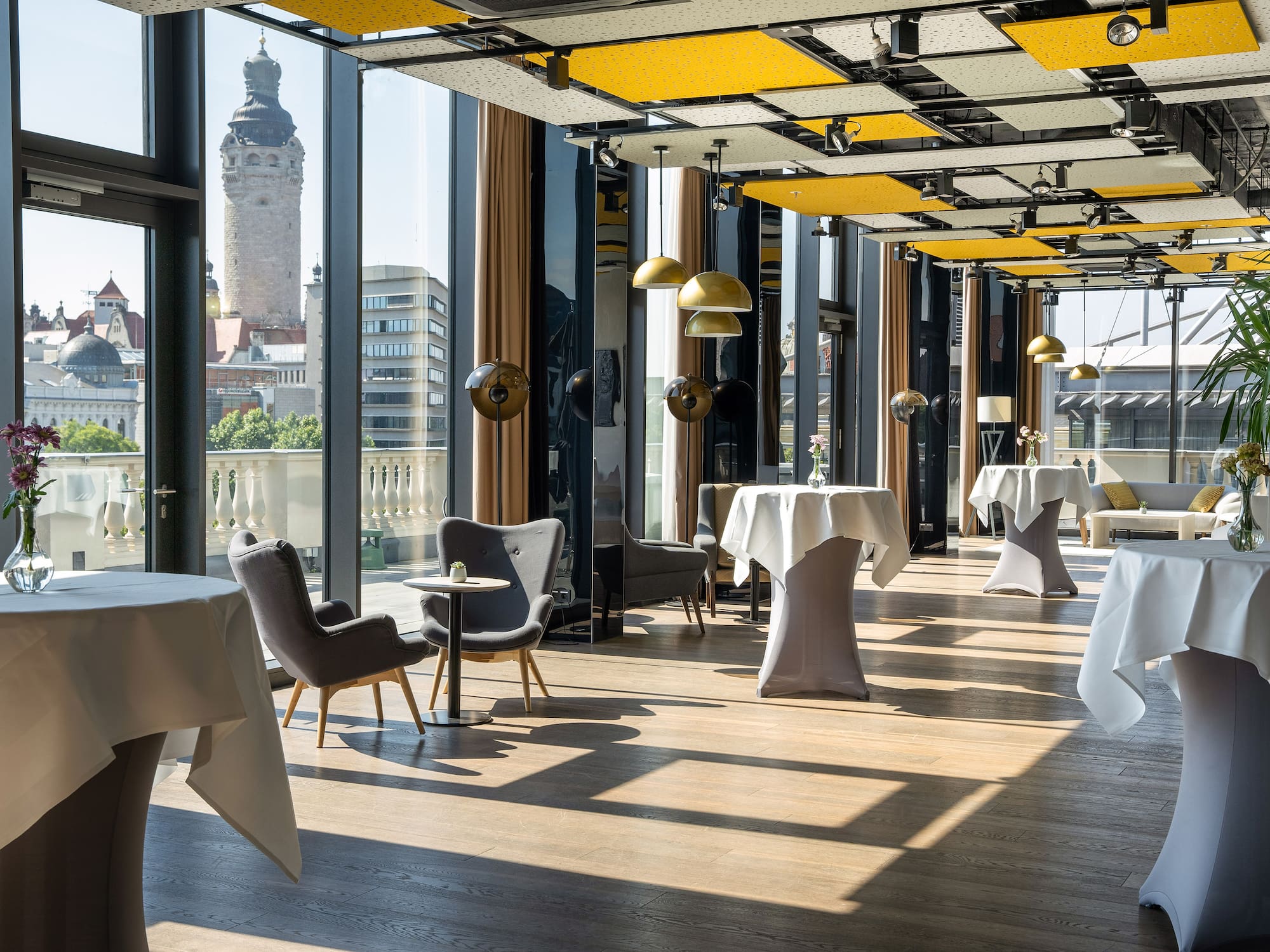 a room with tables and chairs