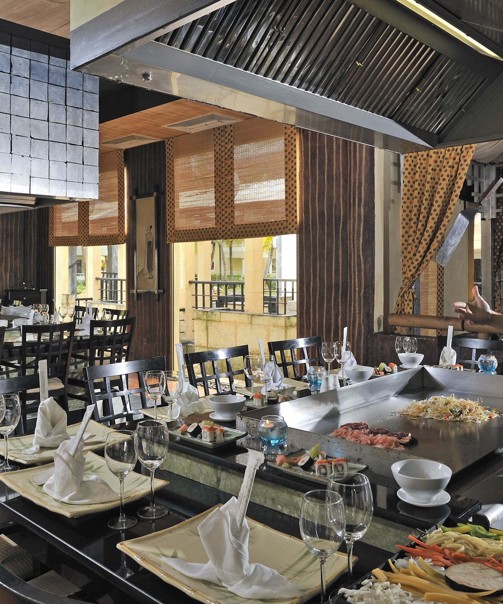 a restaurant with a large table set up