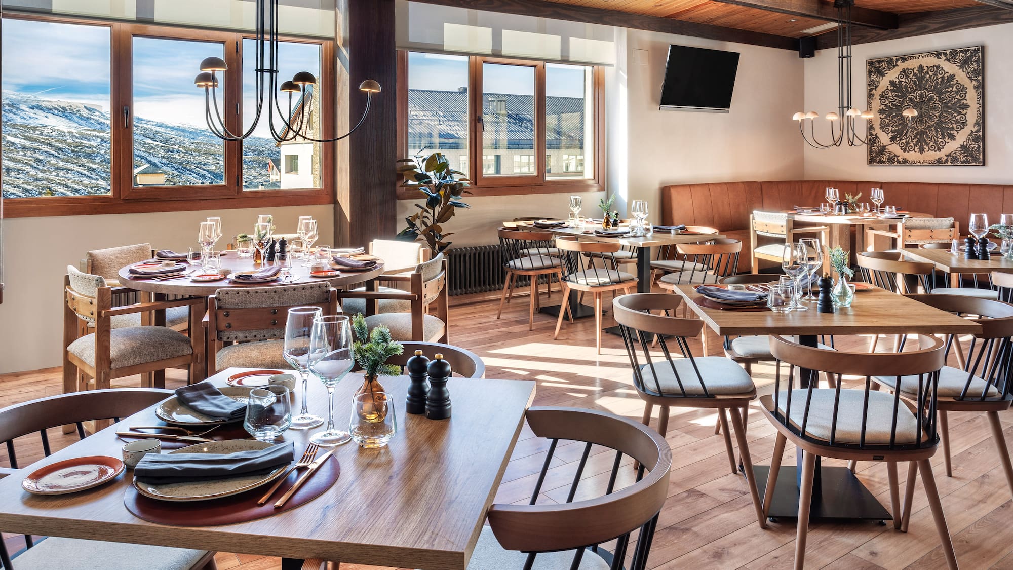 a restaurant with tables and chairs