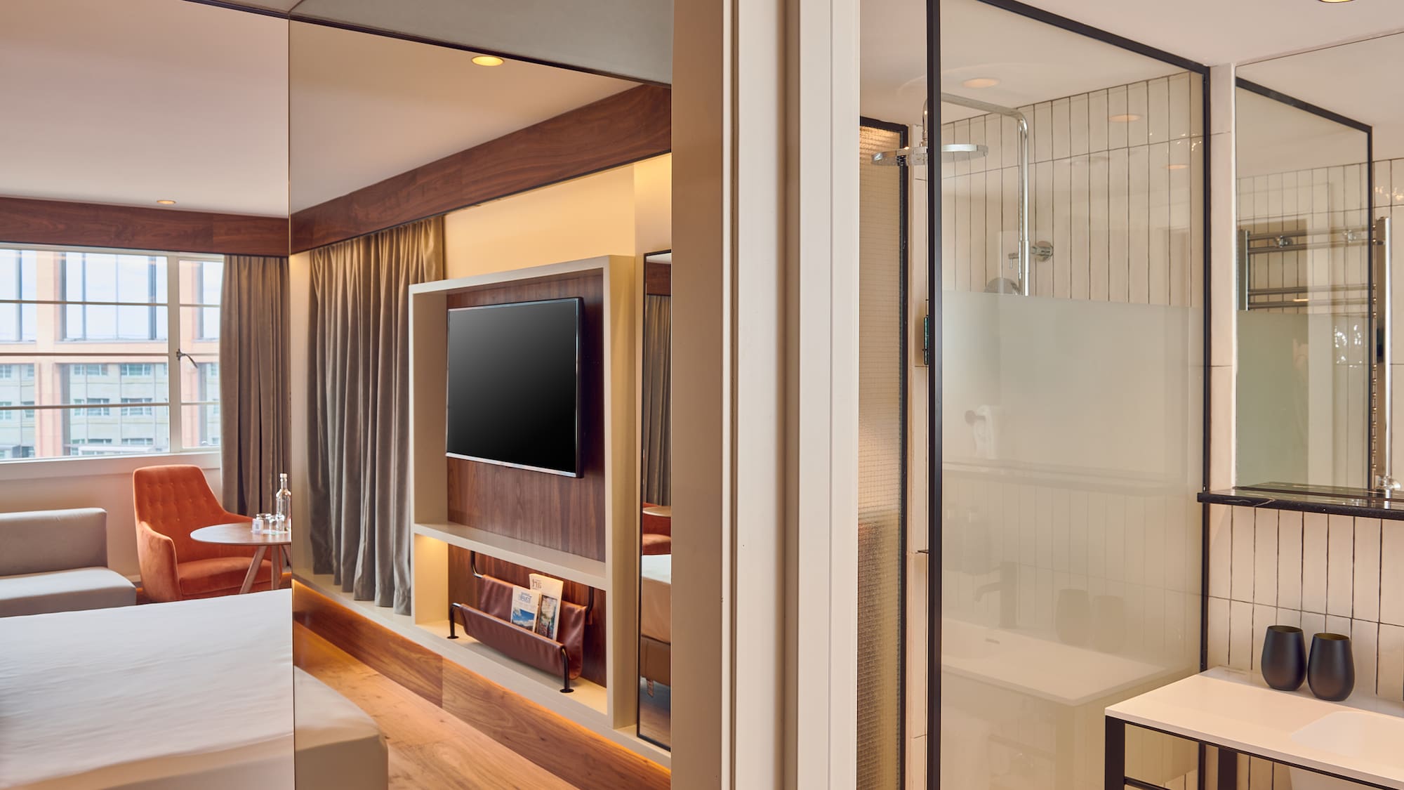 a room with a tv on the wall