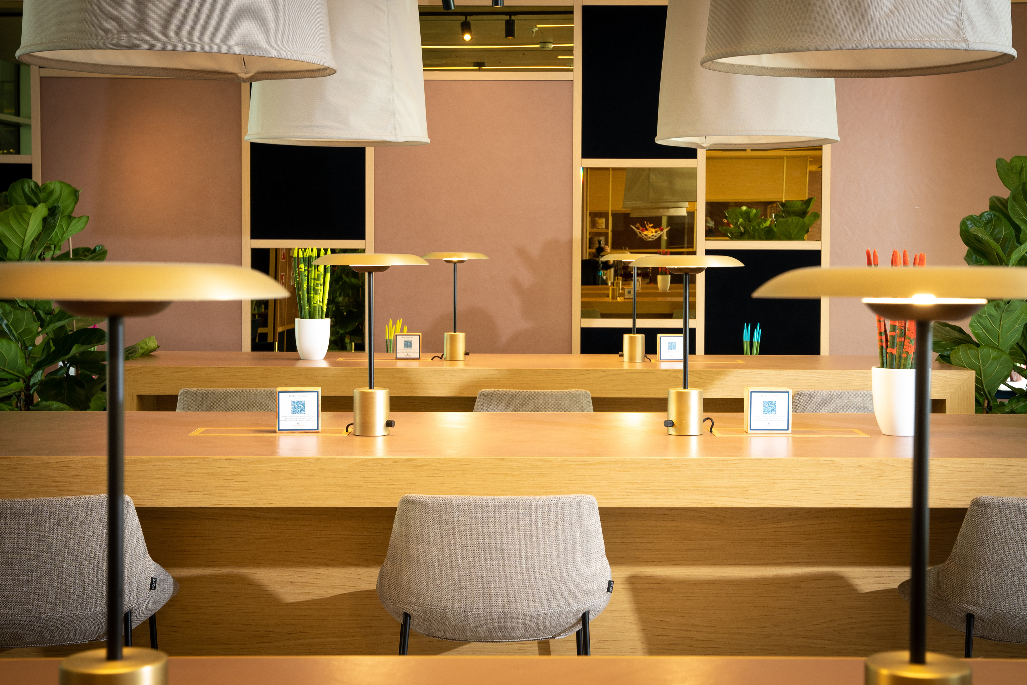 Modern co-working desks with golden lamps, wooden tables, grey chairs, and plants.