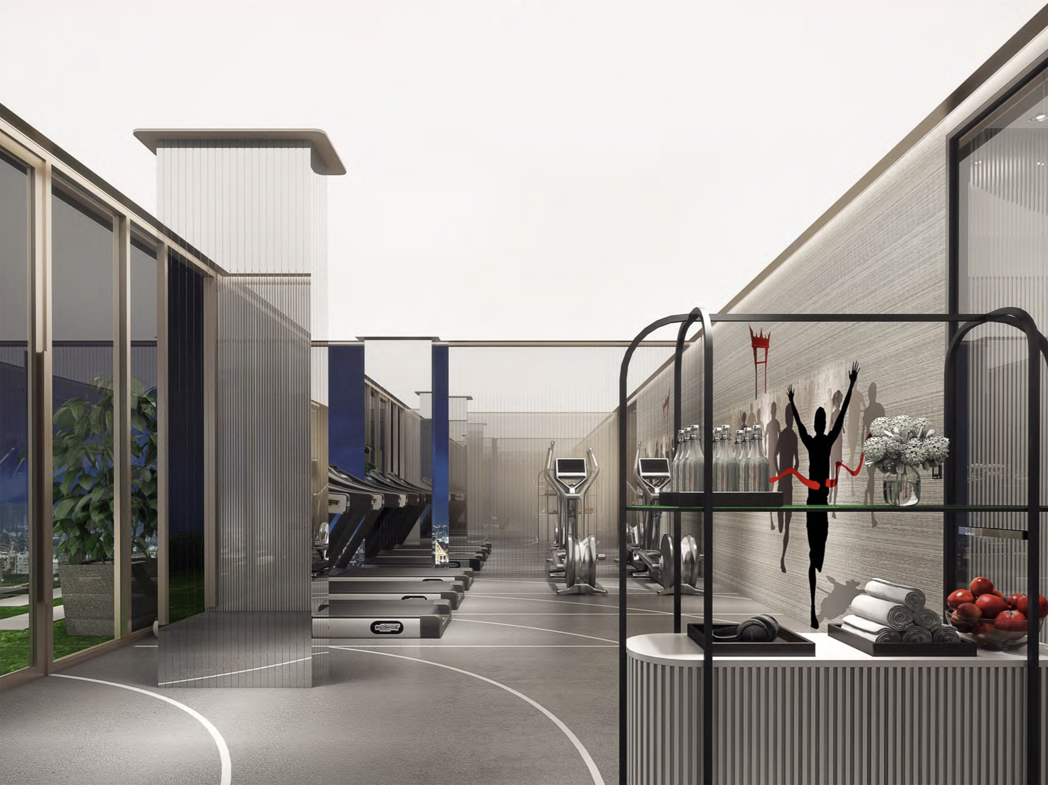 Modern gym interior with cardio equipment, sport court, and runner mural.