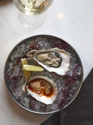 a plate of oysters and lemon wedges