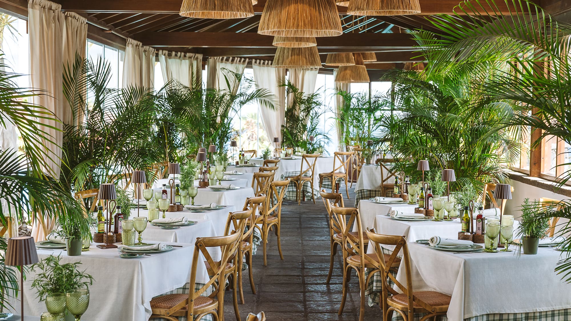 a room with tables and chairs and plants