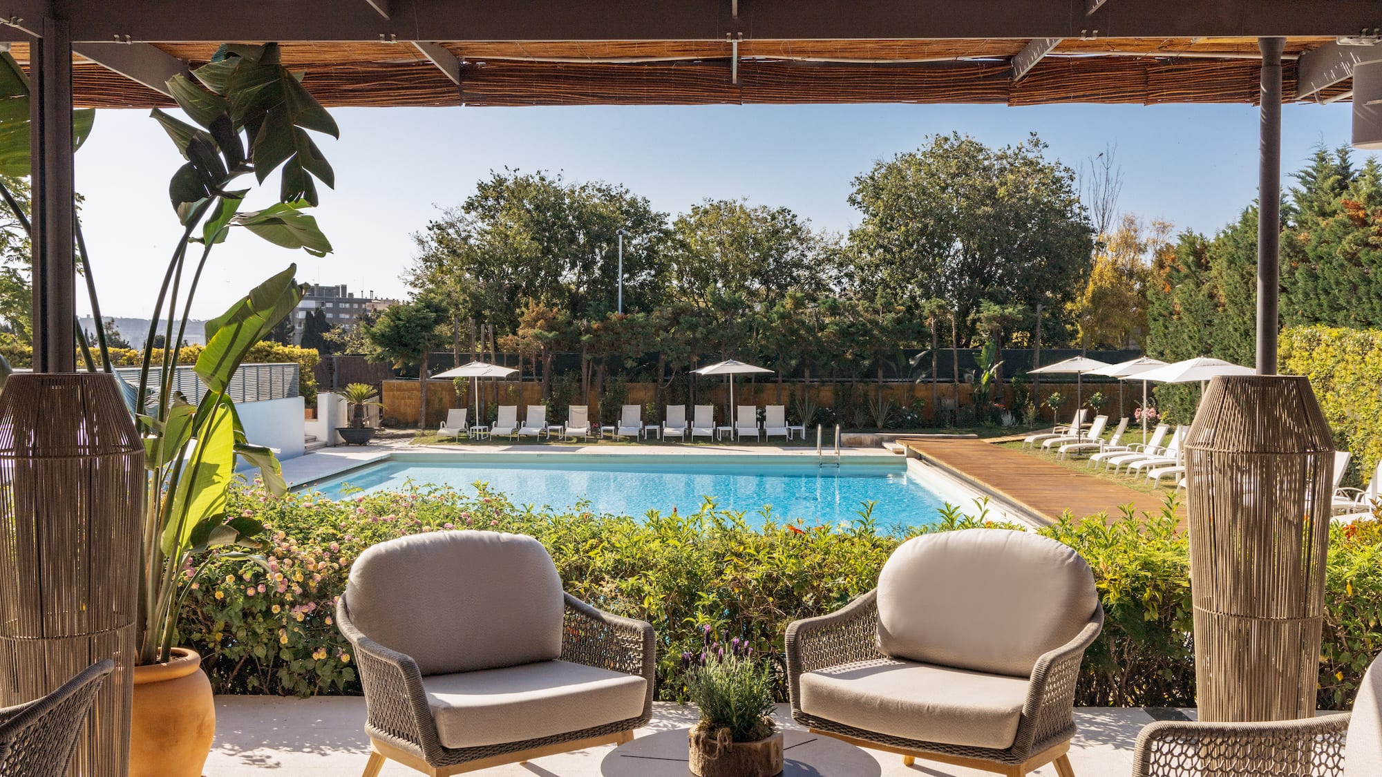 a pool with chairs and a table